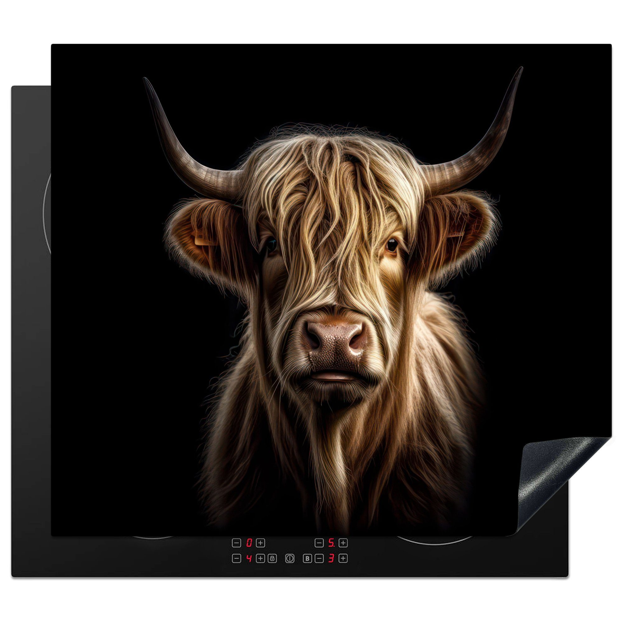 MuchoWow Herdblende-/Abdeckplatte Tiere - (1 Schottischer Mobile Highlander Arbeitsfläche Kuh Vinyl, 60x52 cm, Porträt - nutzbar, Ceranfeldabdeckung tlg), - Schwarz, 