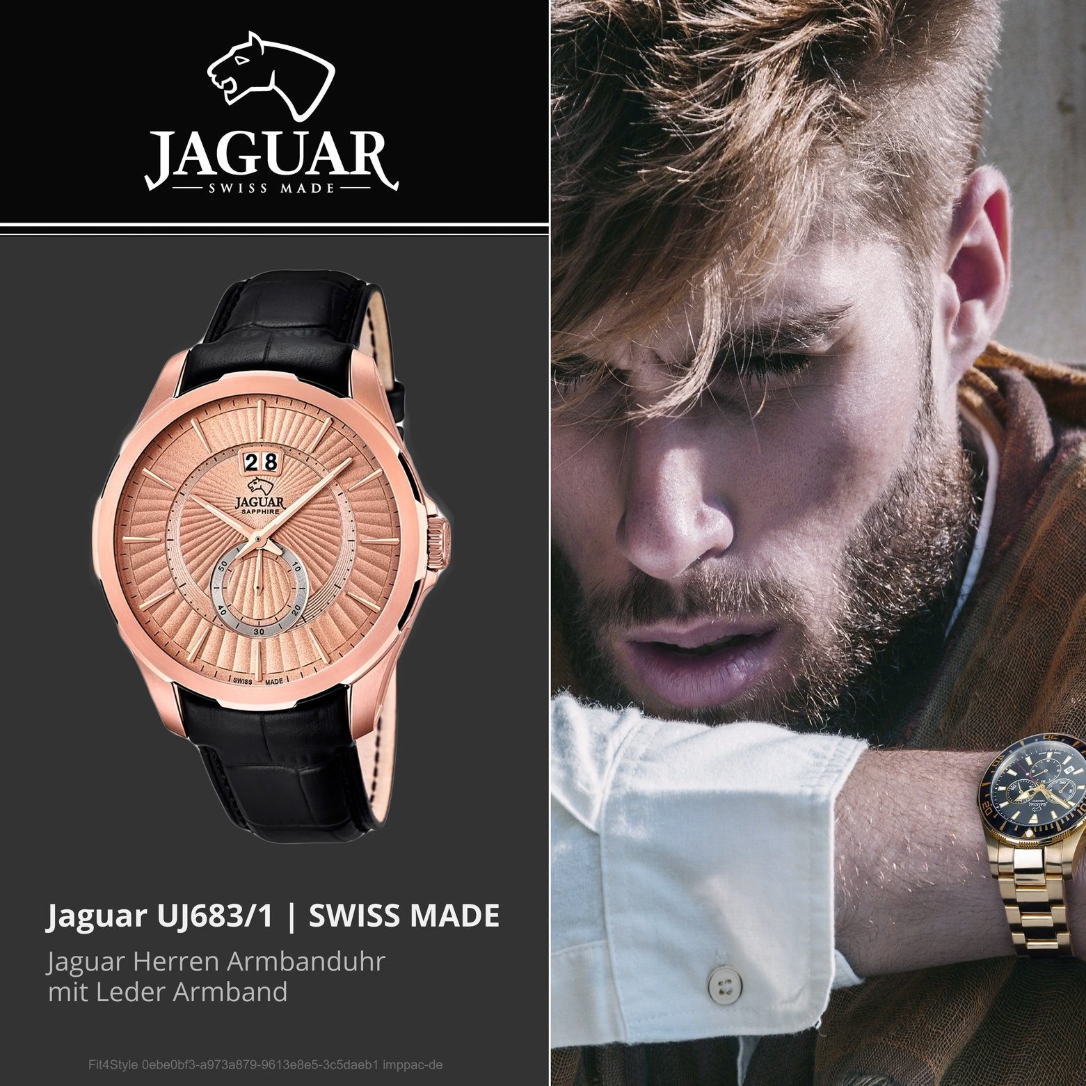 Uhr JAGUAR Lederarmband Herren Quarzuhr Elegant Herren schwarz, rund, Quarz J683/1, Elegant Armbanduhr Jaguar