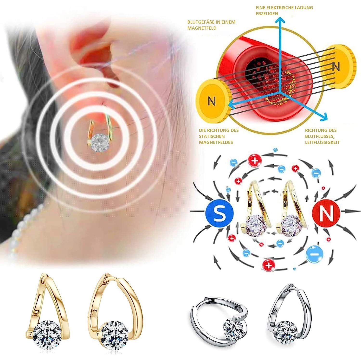 Silber Lymphatische Ohrring-Set 4 Damen Daisred Paar Magnetotherapie-Ohrringe