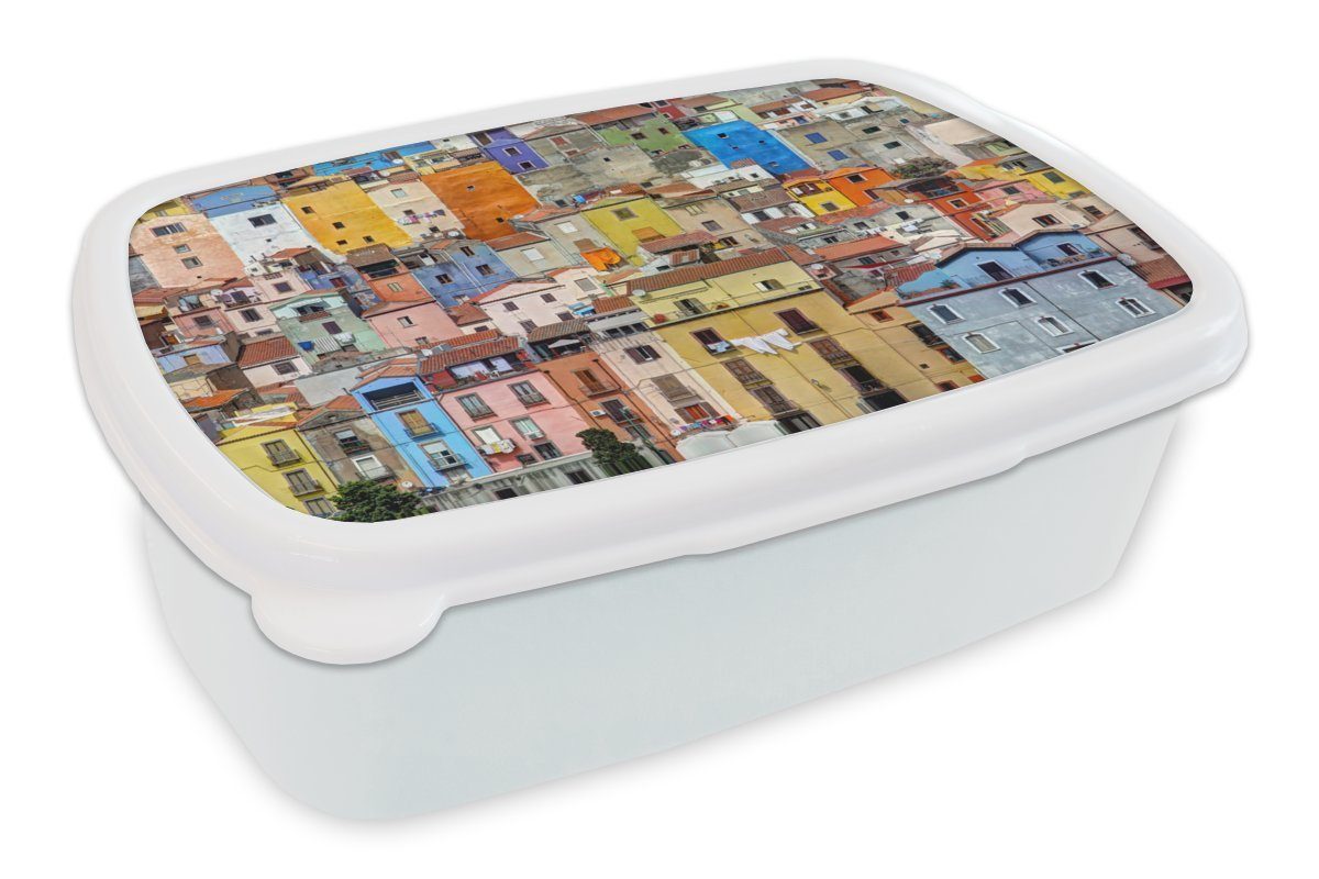 MuchoWow Lunchbox Die bunten Häuser Sardiniens, Kunststoff, (2-tlg), Brotbox für Kinder und Erwachsene, Brotdose, für Jungs und Mädchen weiß