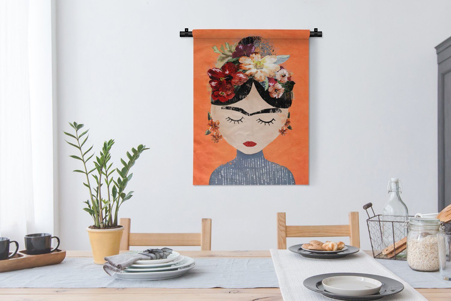 - - - Porträt Frida MuchoWow der Orange Tapisserie, Wanddekoobjekt für an - Kahlo Deko Frau Blumen, Wohnzimmer, Wand, Schlafzimmer