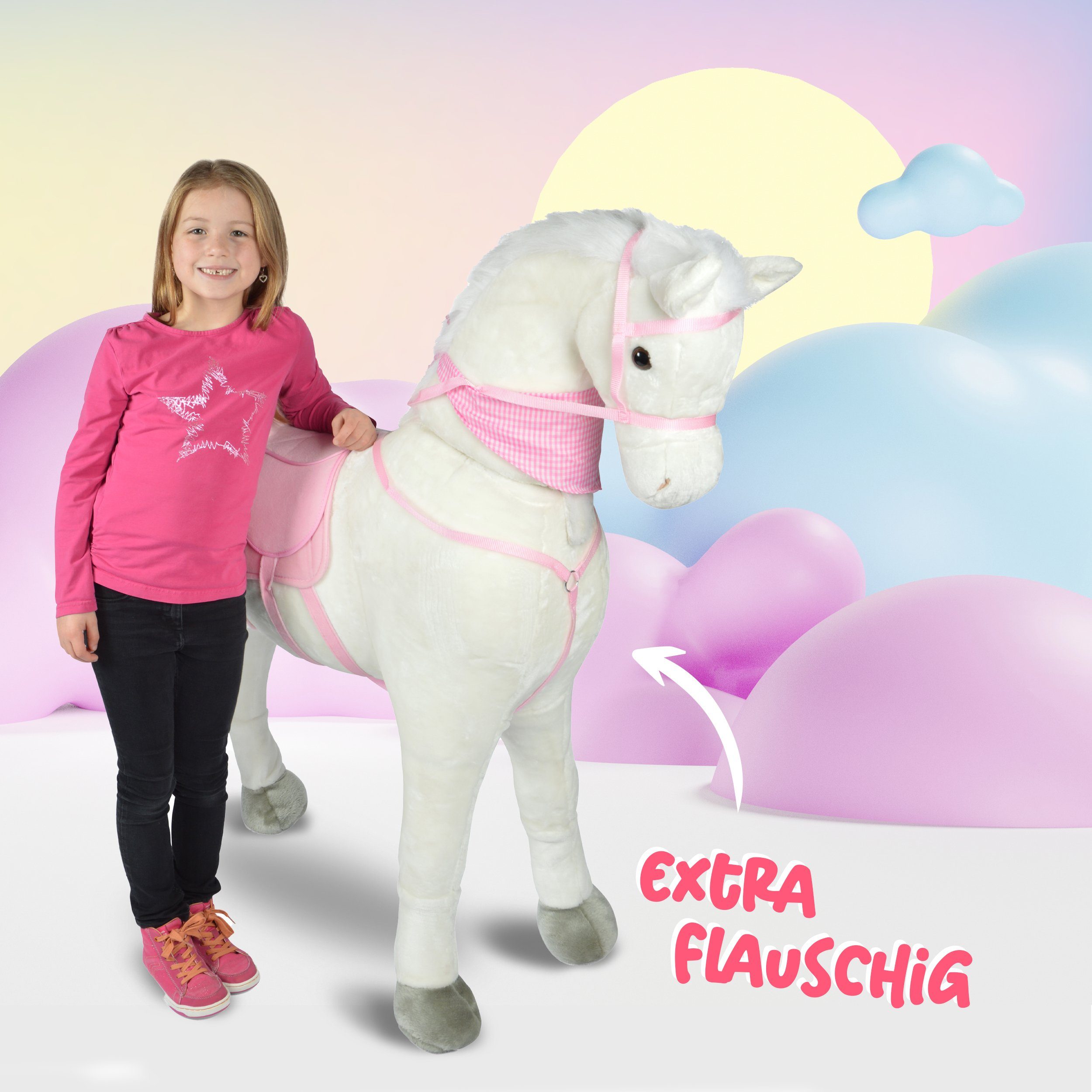 Pink Papaya Stehpferd Giant XXL 125 cm Kinder Stehpferd zum Reiten Plüschpferd, Fast lebensgroßes Spielpferd mit Sounds bis 100kg belastbar