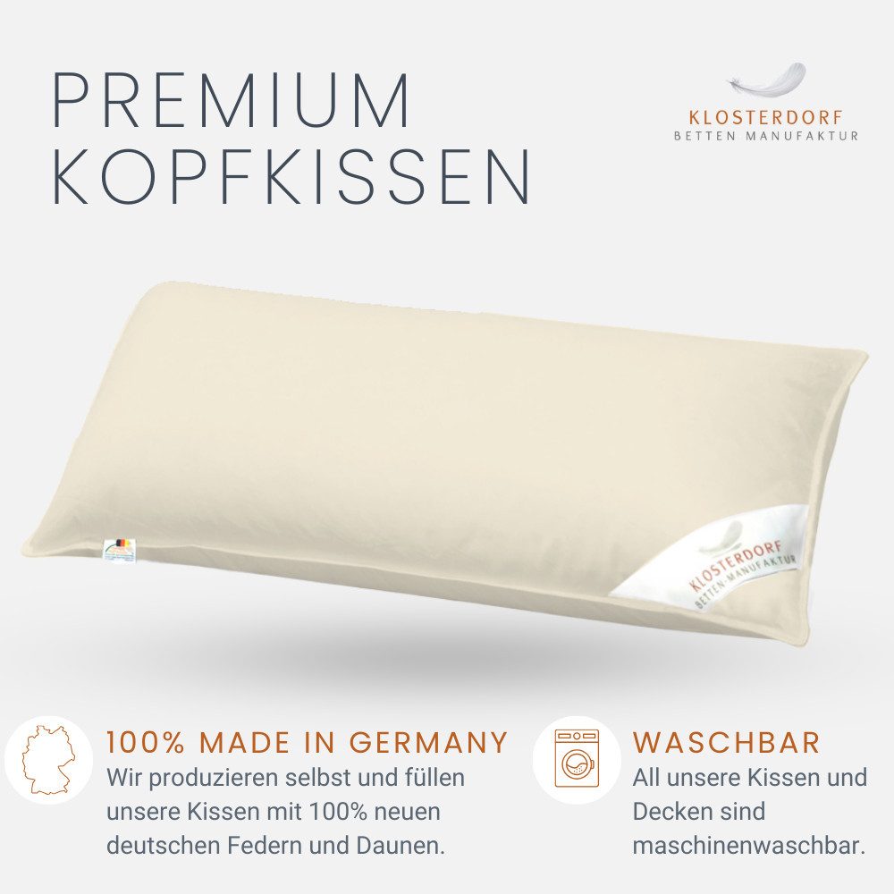Klosterdorf Betten-Manufaktur 3-Kammer-Kopfkissen Premium Bio Dreikammer Kopfkissen - 40x80 cm - 80x80 cm - nobel -, Füllung: Bio Daunenkissen Daunenkopfkissen, Seitenschläfer, Rückenschläfer, Für erholsamen und gesunden Schlaf, liebevolle Handarbeit aus unserem deutschen Familienbetrieb