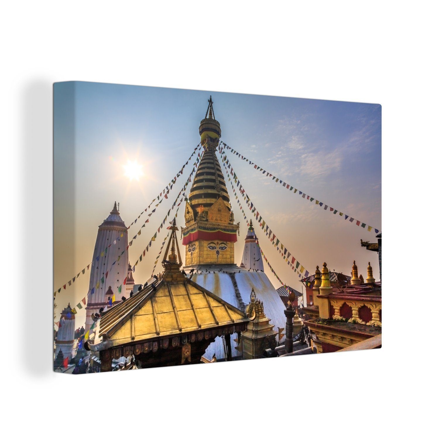 OneMillionCanvasses® Leinwandbild Foto des Swayambhunath-Tempels in Nepal mit farbigem Himmel, (1 St), Wandbild Leinwandbilder, Aufhängefertig, Wanddeko, 30x20 cm