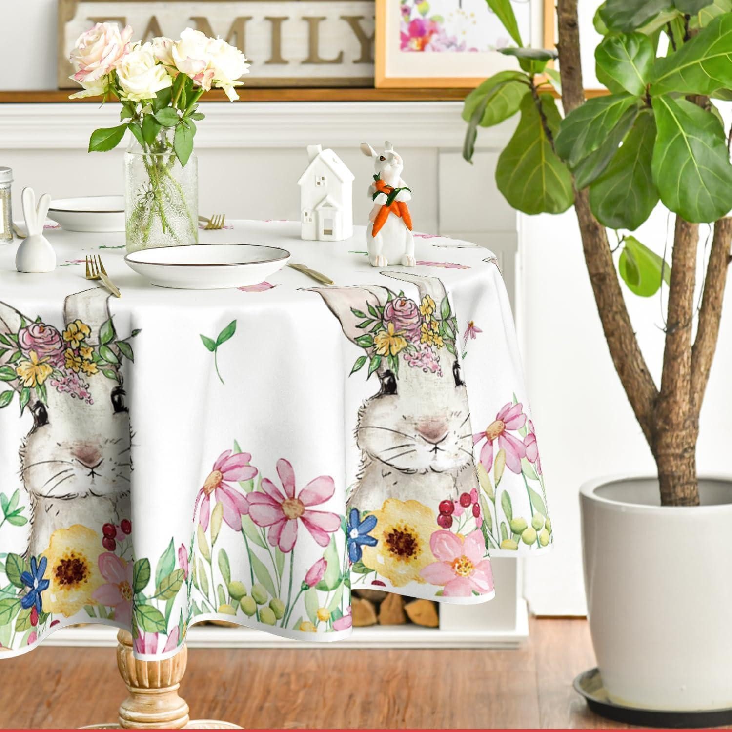 LuxusKollektion Tischdecke Tischdecke Rund 140cm Blumen Kaninchen Ostern Weiß (1-tlg)
