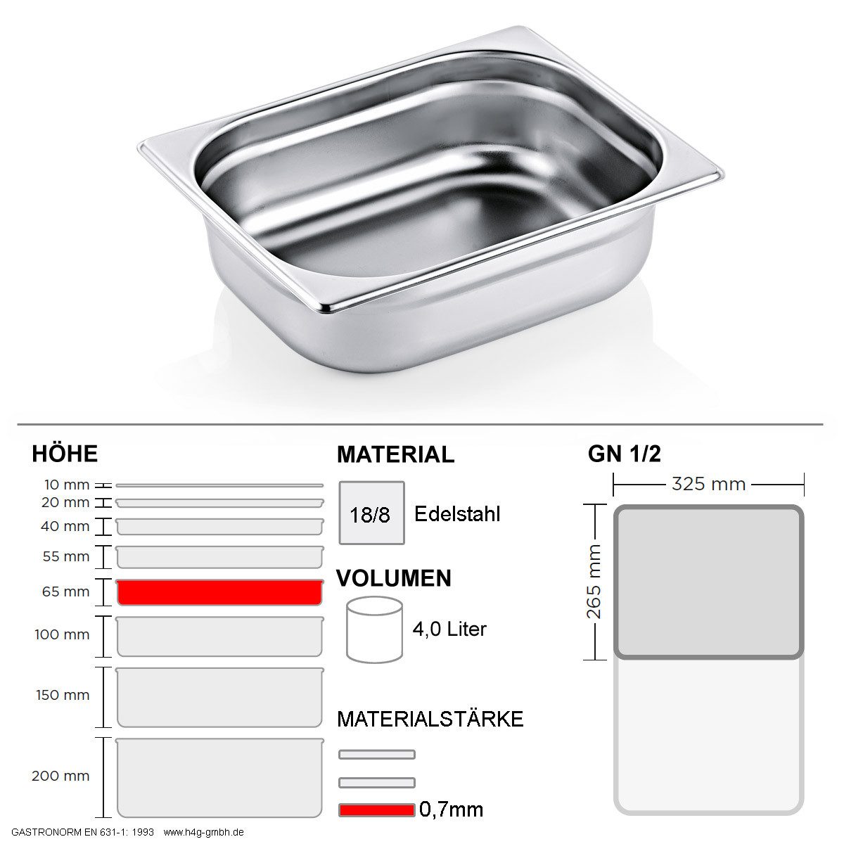 WAS Thermobehälter Gastronorm Behälter GN 1/2 - 65mm - GN90 - 18/8 Edelstahl - 0,7mm, Edelstahl