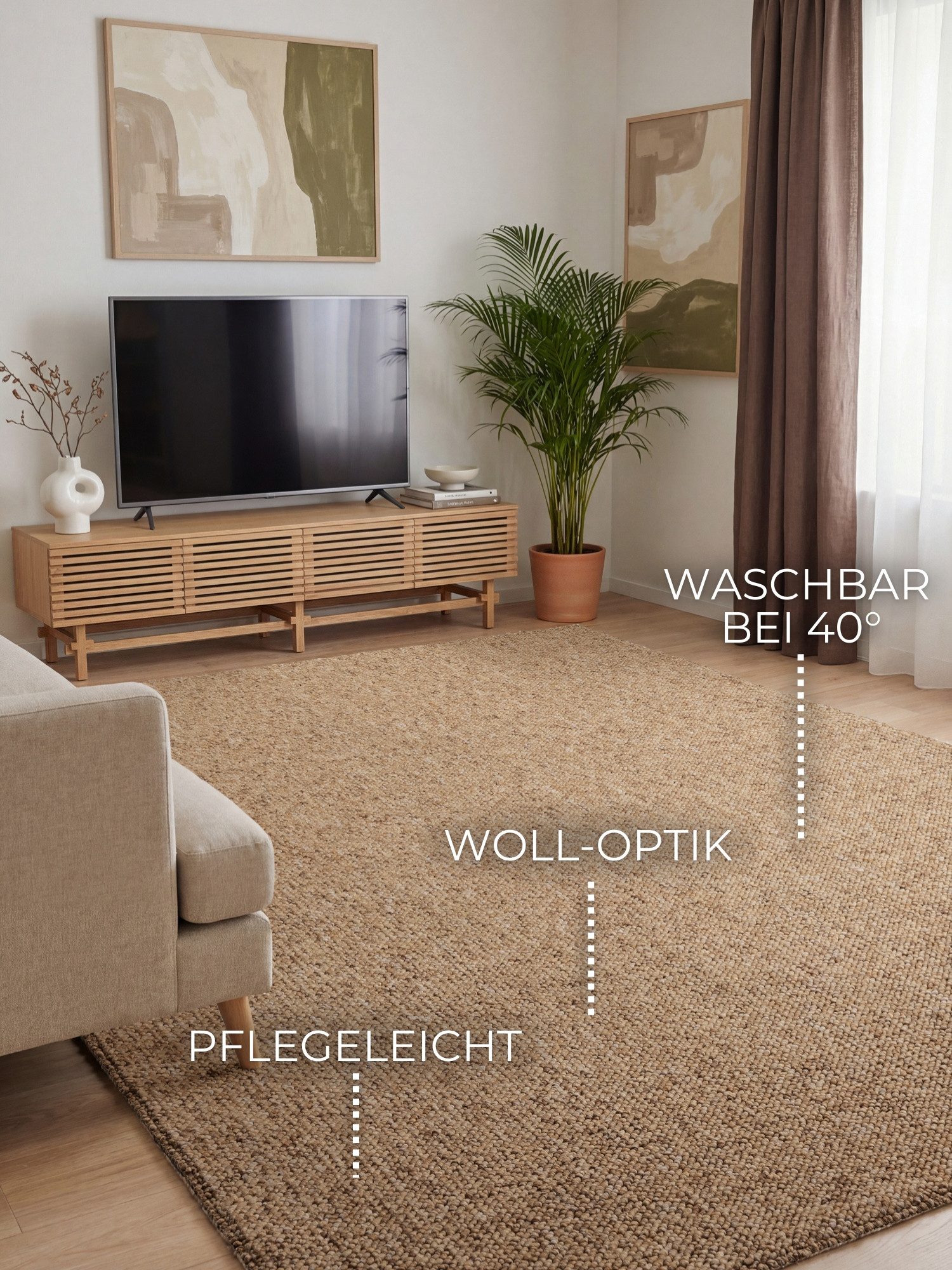 ELLE DECORATION Teppich Rocco, rechteckig, Höhe: 10 mm, Läufer, waschbar, Wohnzimmer, Esszimmer, Woll-Optik