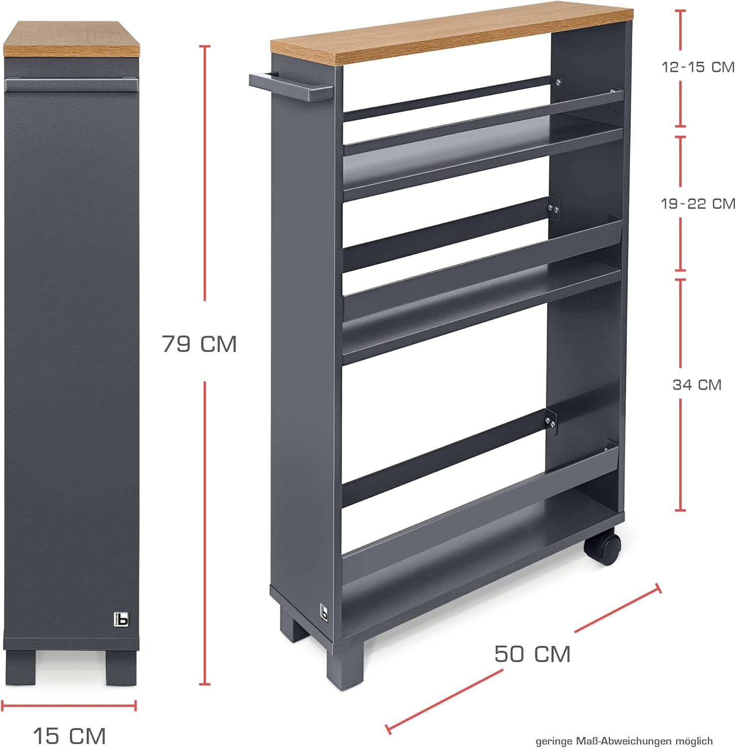 bomoe Küchenwagen Nischenregal 15cm breit Hylla, 79x50cm, Anthrazit, Küchenwagen Küchenregal Schmal – Rollwagen 3 Fächer & Arbeitsplatz