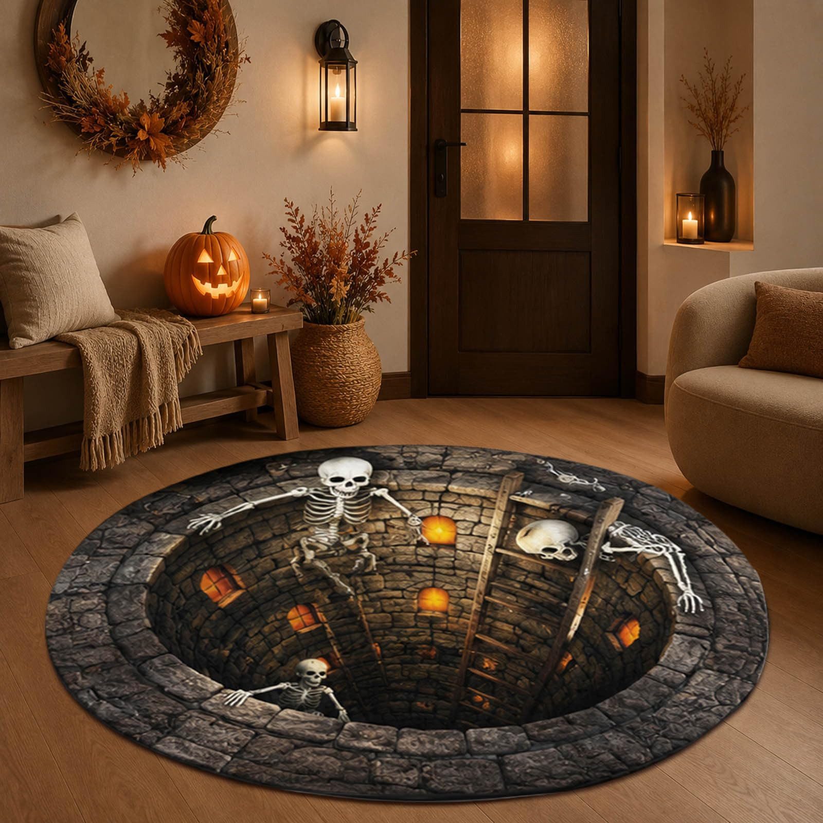 FOUORTUNATE-BEE Teppich Halloween Skelett 3D Teppich Fußmatte gruselige Dekoration, Rund, für Wohnzimmer und Schlafzimmer