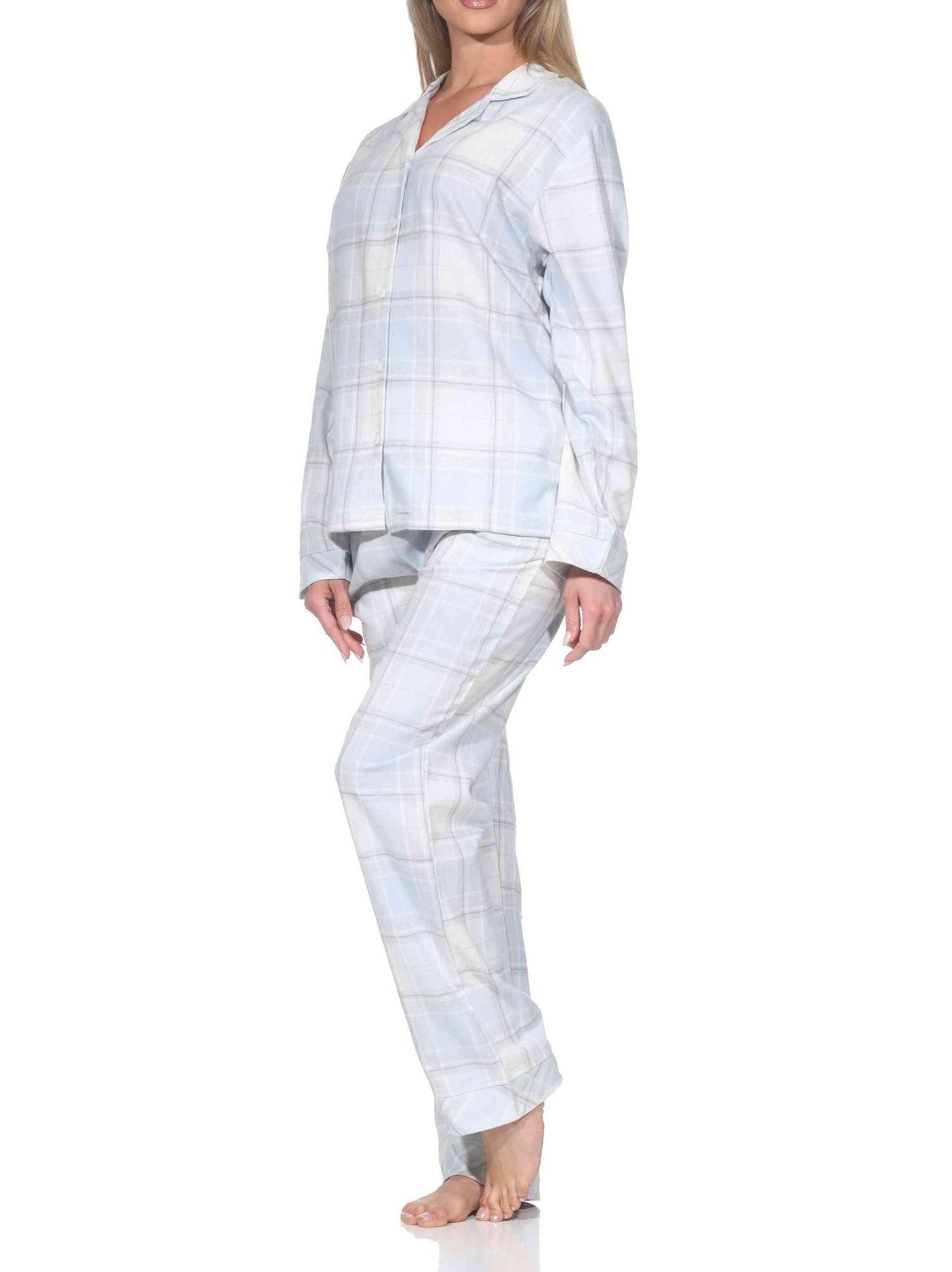Normann Pyjama Normann Damen Flanell Schlafanzug lang mit Knopfleiste und Hemdkragen – Bild 2 von 3