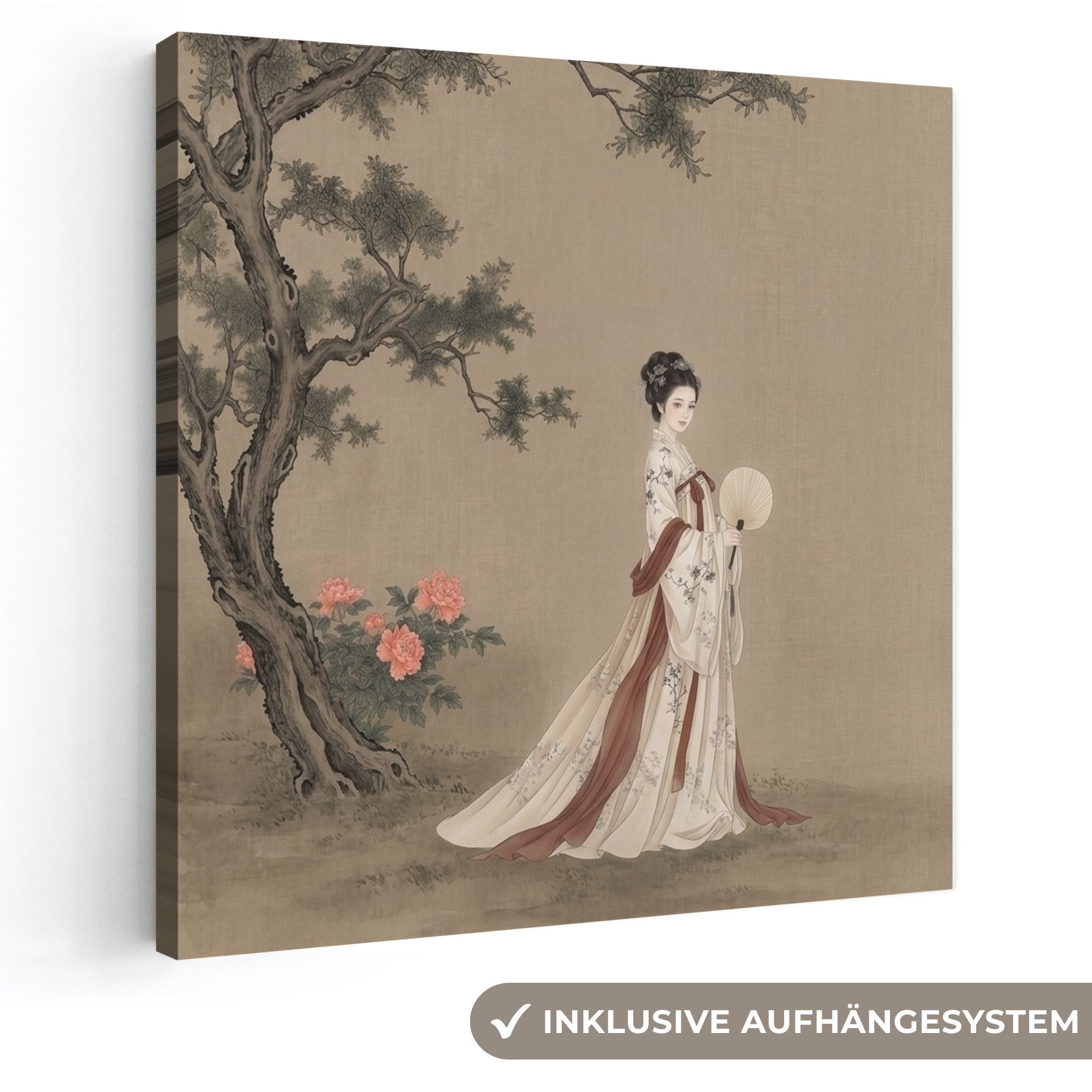 OneMillionCanvasses® Leinwandbild Frau - Asien - Kunst - Beige, Fotodruck (1 St), Wandbild, Deko Schlafzimmer Wohnzimmer Flur 20x20 cm