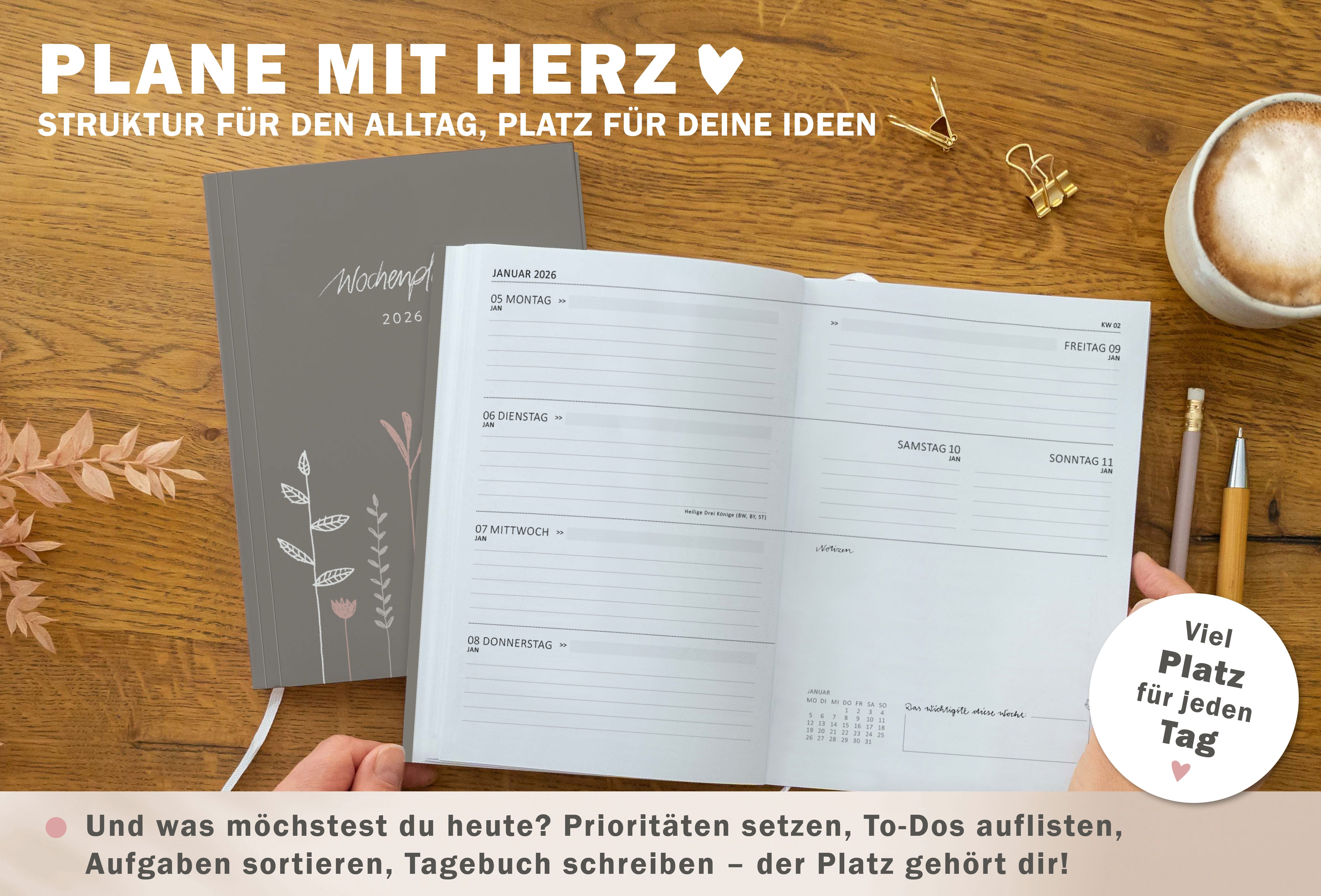 Eine der Guten Verlag Terminkalender Terminplaner 2026 - A5, grau rosa, 1 Doppelseite / Woche, 152 S. FSC-Papier, Softcover, klimaneutral