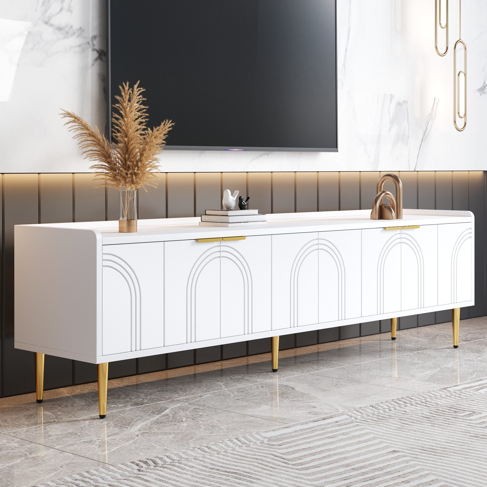 Merax Lowboard mit 3D-Türdesign (Fernsehschrank, 1 St., Stilvoller Stauraum für Wohnzimmer, Entertainmentbereich & mehr), TV-Schrank mit goldenen Griffen & Metallfüßen, 170x35x47.5 cm