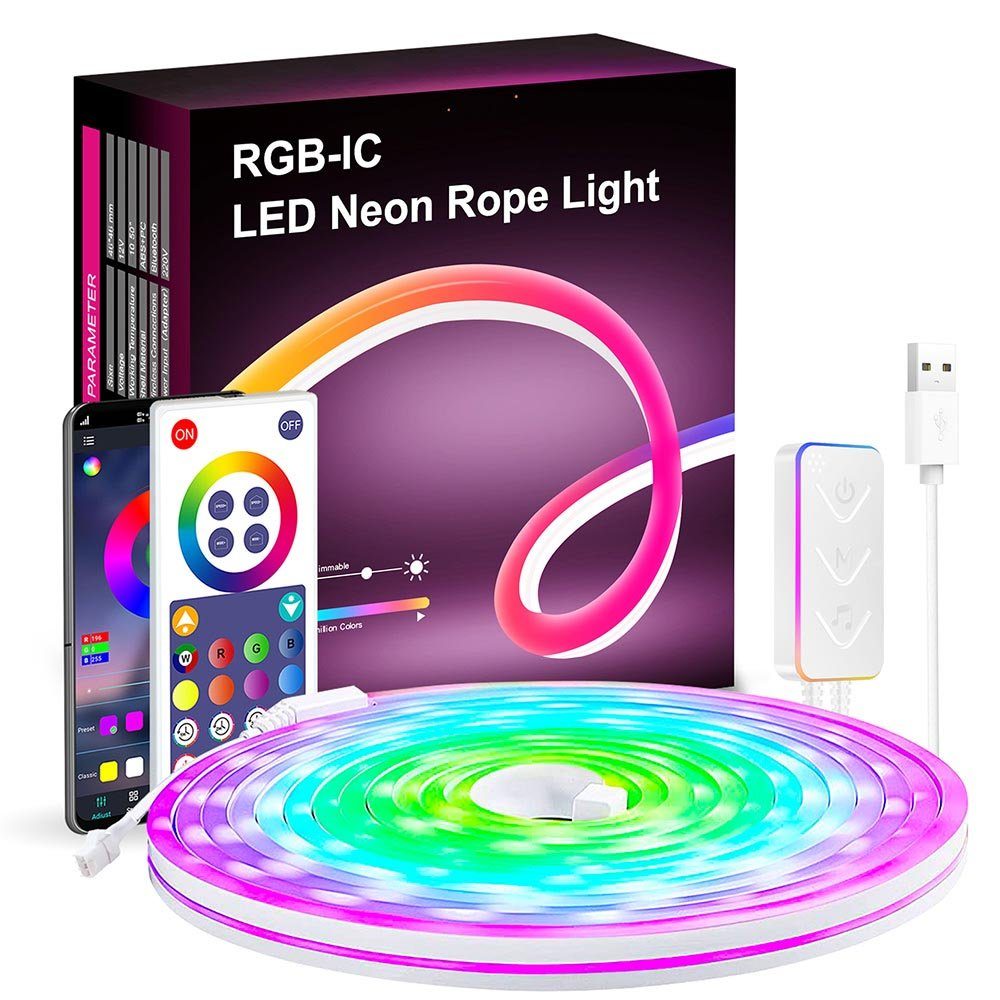 LED Neon Neon APP RGB+3 Silikon,Smart Strip, Leuchte LED Steuerung,Fernbedienung Wasserdicht, Dekolicht mit MUPOO 3M/5M Musik-Sync, Meter Streifen App-Steuerung, LED IP67