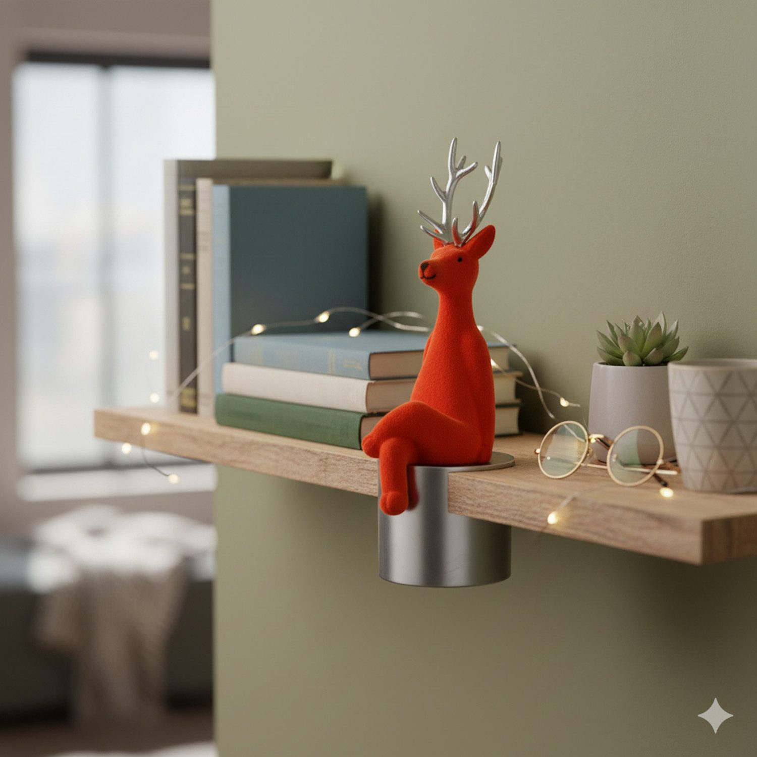 Macosa Home Kantenhocker Rentier 21 cm Grau, Orange od. Lila (Dekoration Weihnachtsdeko, Dekofigur modern Weihnachten), Kunststoff beflockt Dekorentier