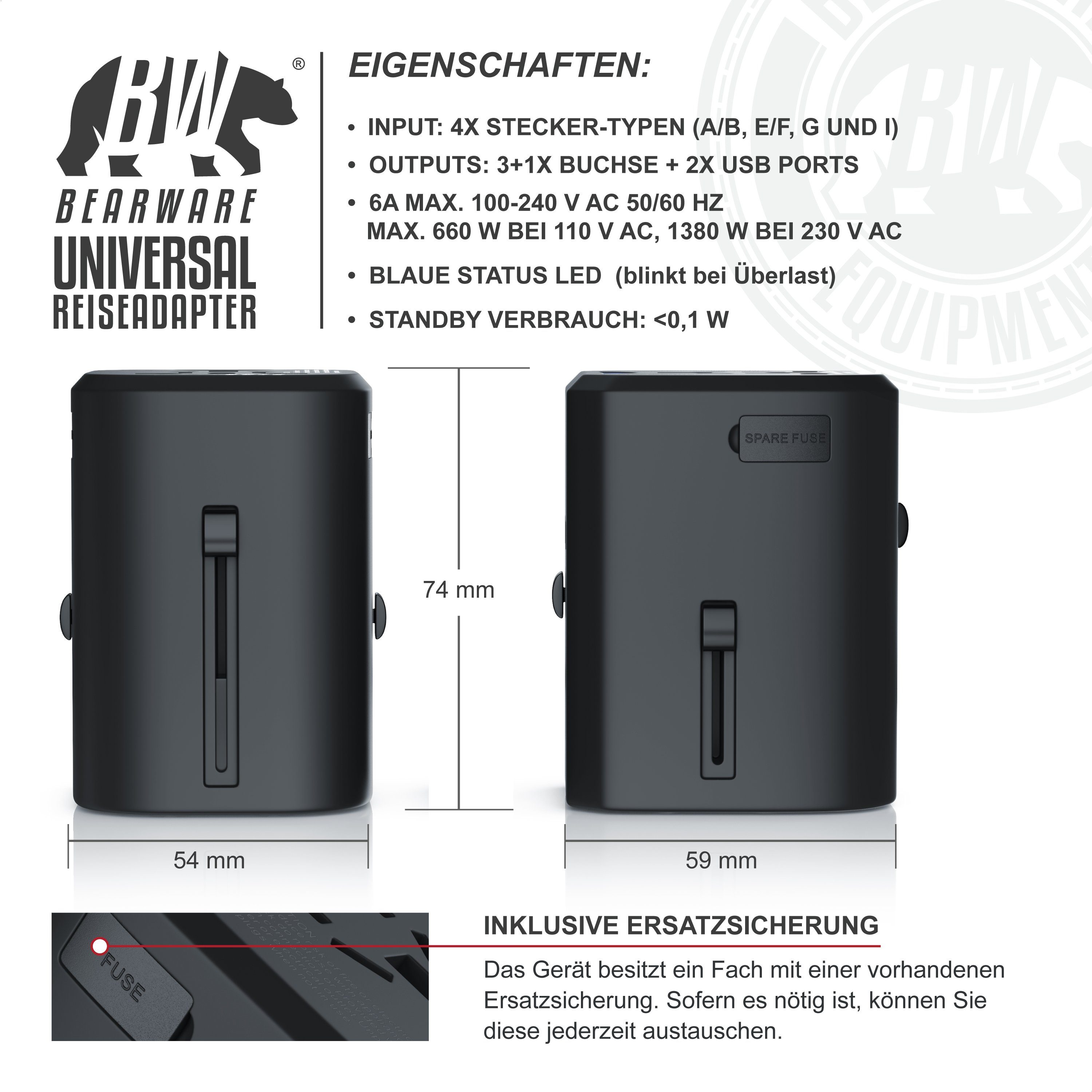 BEARWARE Reisestecker, Reise Steckdosen Adapter weltweit mit USB Ladegerät Reiseadapter, Universal, USB Ladestation, für 140 Länder/Regionen, 2x USB Buchse