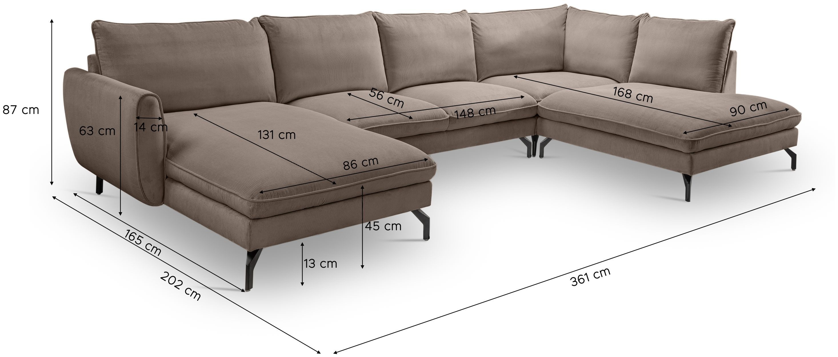 xonox.home Wohnlandschaft, in U-Form Recamiere rechts aus Kleincord in braun-beige 361x87x202cm