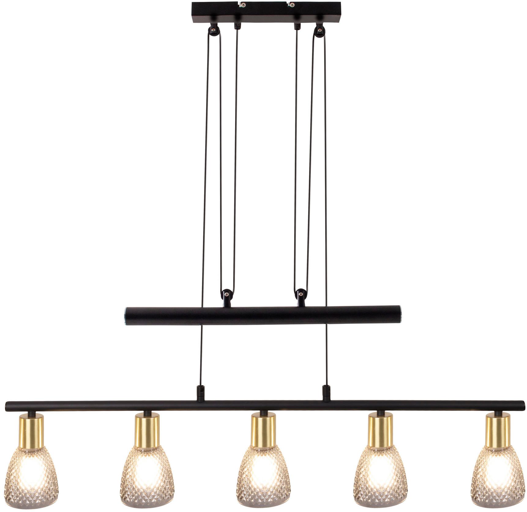 näve Pendelleuchte Lindita, ohne Leuchtmittel, 5er Spot Gegenzug, Relief-Glasschirm smokey, Gestell messing matt, E14