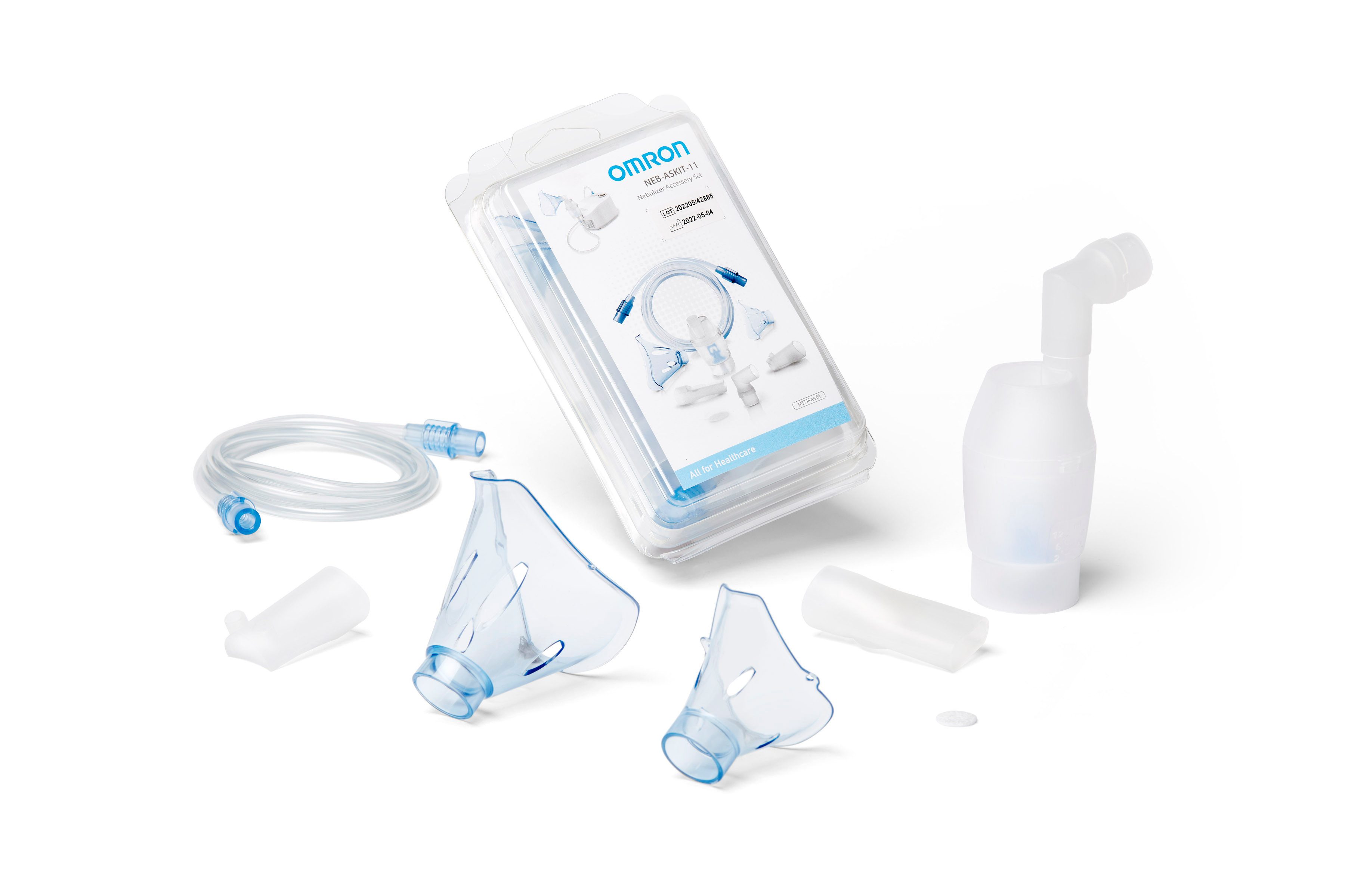 Omron Inhalationsgerät Zubehör NEBASKIT-11 Yearpack, Zubehör für OMRON Inhalationsgeräte X101 & X102, Set, für Kinder & Erwachsene, komplettes Nachkaufset mit Masken & Mundstück
