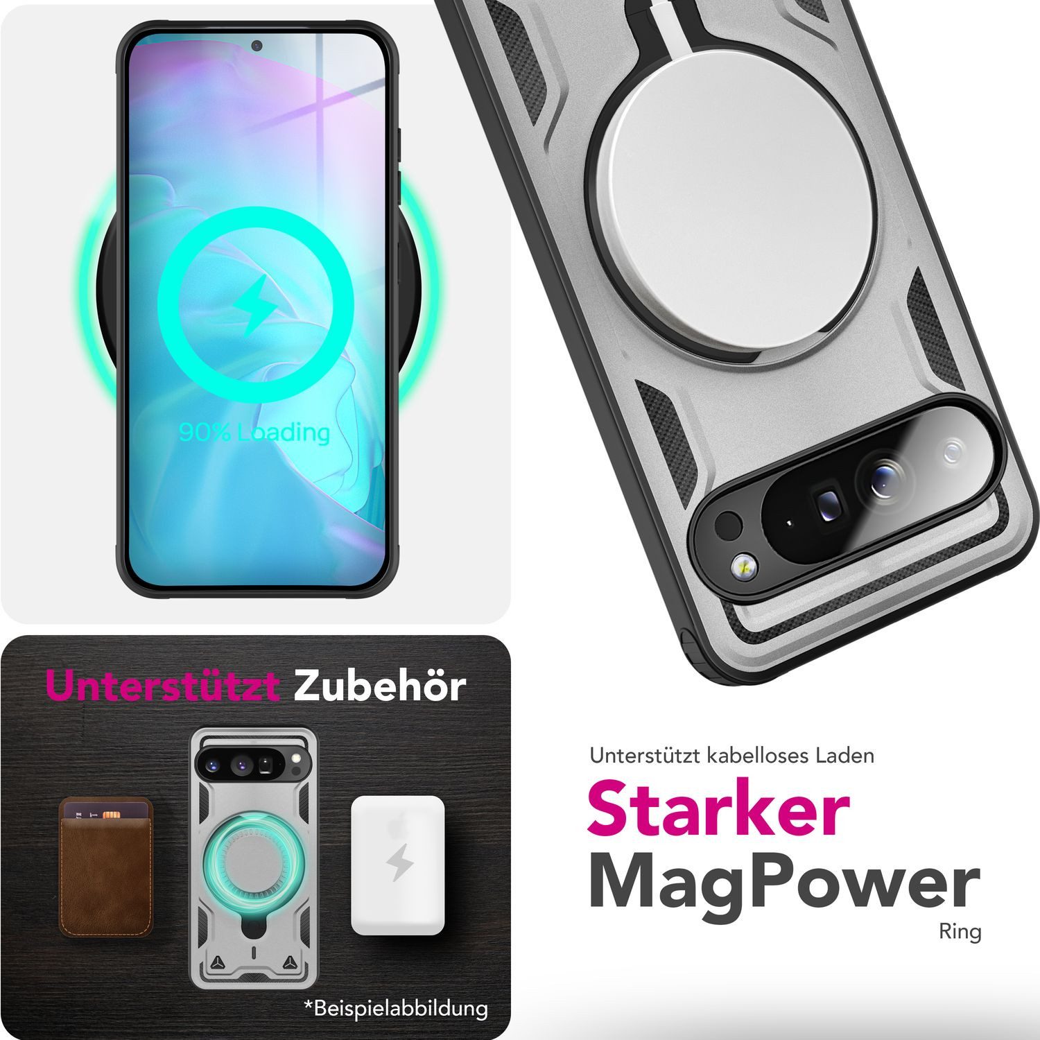 Nalia Smartphone-Hülle Google Pixel 9 Pro 16 cm (6,3 Zoll), Panzer Militärschutz / Extrem Robust / Magsafe / 360° Ring / Kickstand