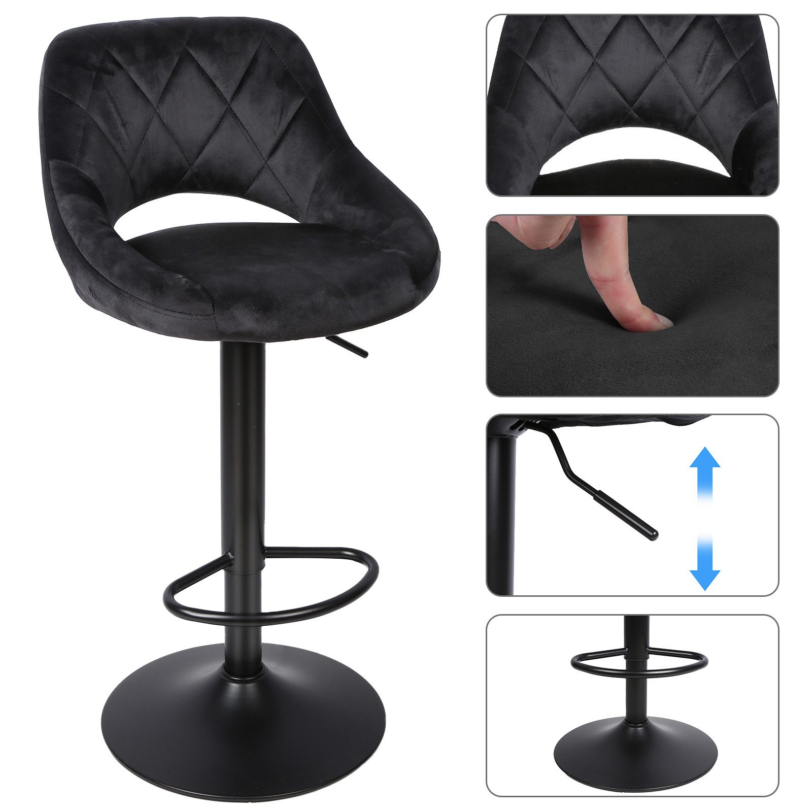 JEOBEST Barhocker Barstuhl Gepolsterte Sitzfläche aus Samt, Tresenhocker mit Rückenlehne, (Set, 2 St), Schminkhocker, Höhenverstellbar, 360°Drehbar – Bild 3 von 5