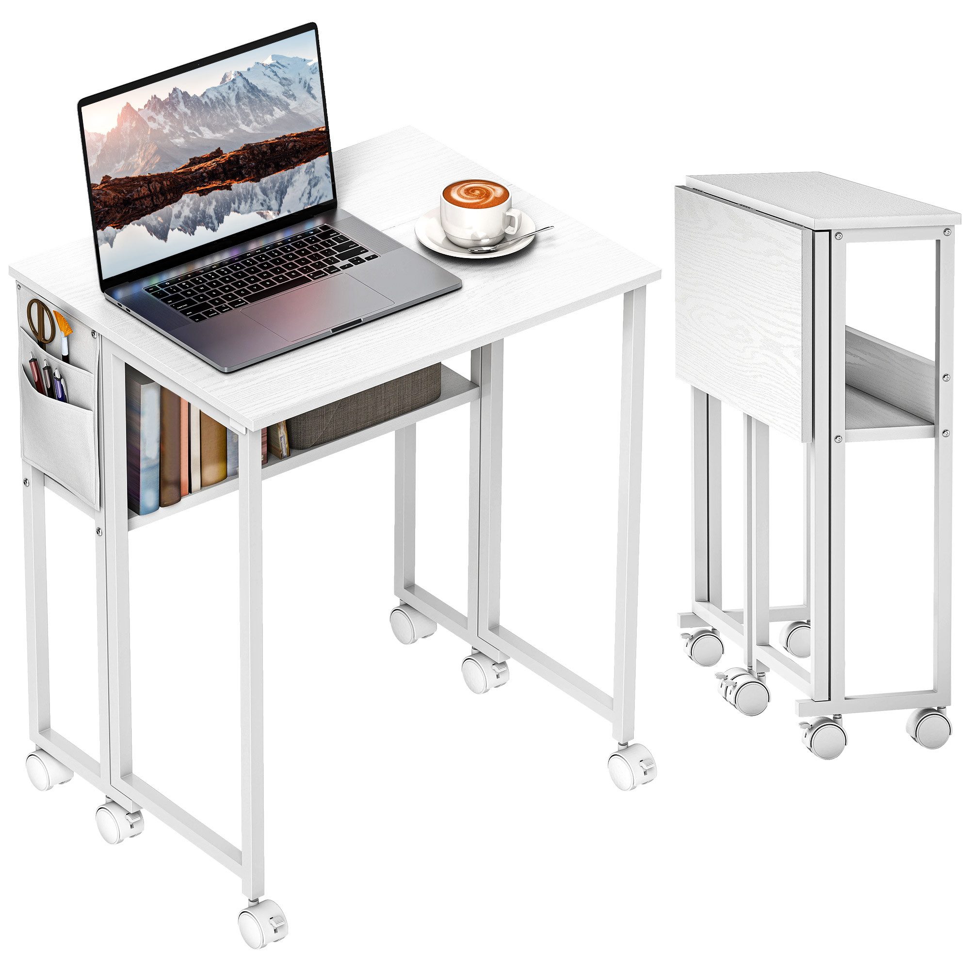 HOMCOM Schreibtisch klappbarer (Klappschreibtisch, 1-St., Platzsparend Computertisch), mit Regal, Aufbewahrungstasche, für Home Office, Weiß – Bild 2 von 5