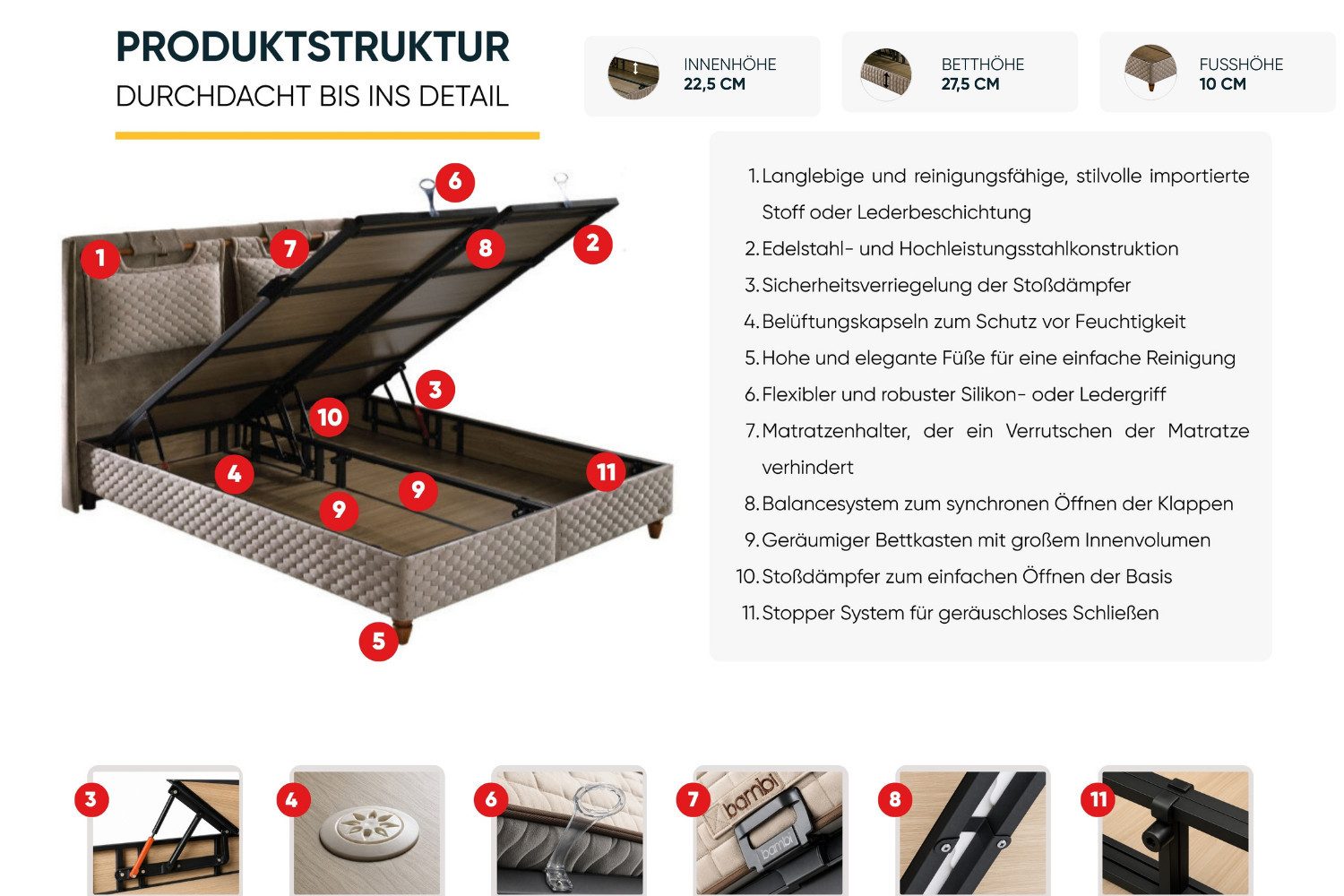 BAMBI YATAK Boxspringbett mit Bettkasten, Bambi Magnasand, Bett mit Matratze & Stauraum H3 (Schlafzimmerbett, Matratze mit Topper, 90x200 cm Boxbett, Polsterbet – Bild 5 von 5