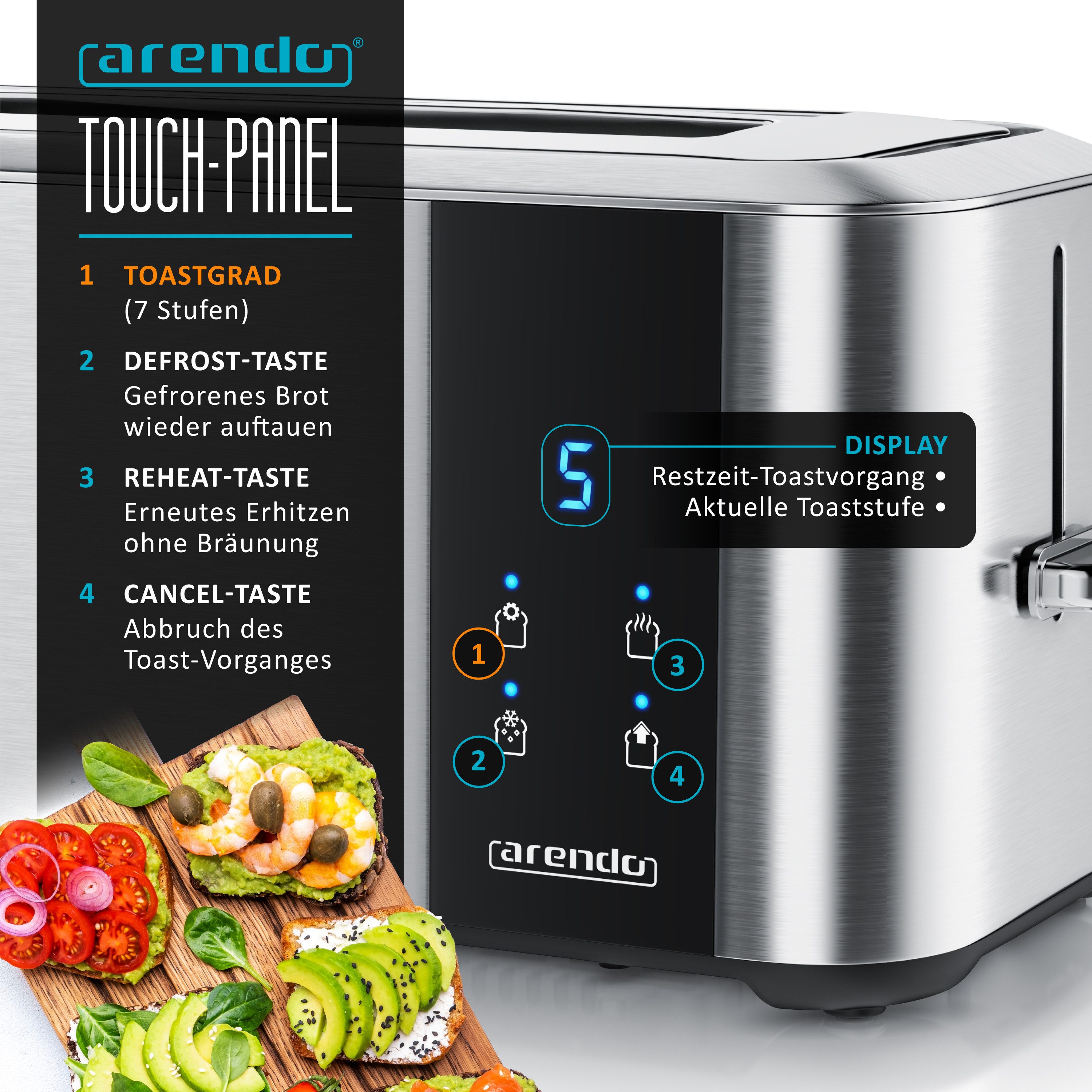Arendo Toaster Langschlitz, Brötchenaufsatz, Wärmeisoliertes Gehäuse, Display, Touch, 2 lange Schlitze, für 4 Scheiben, 1500 W, LED-Anzeige mit Restzeit, Touchdisplay, Brötchenaufsatz