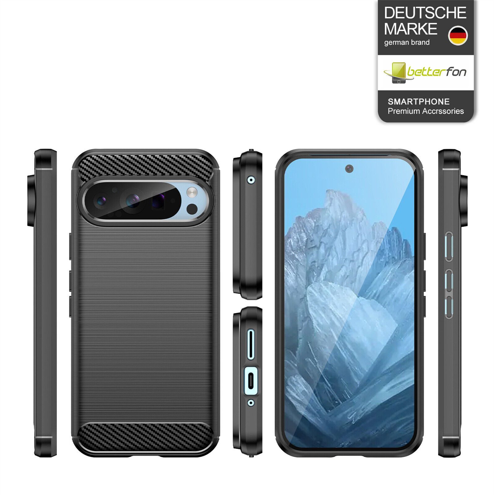 betterfon Handyhülle Carbon Hülle für Google Pixel 9 / 9 Pro Backcover TPU Silikon Schwarz, Carbon-Look – stoßfestes Case mit Air-Cushion & Metall-Optik