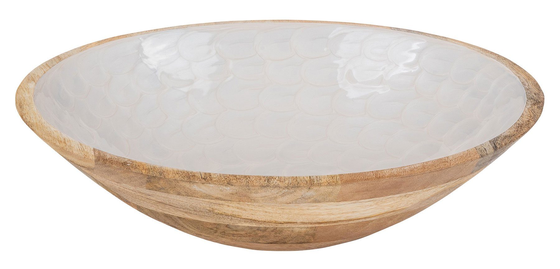 Levandeo® Dekoschale, Schüssel 35cm Mango Holz Creme Perlmutt Emaille Schale Bowl
