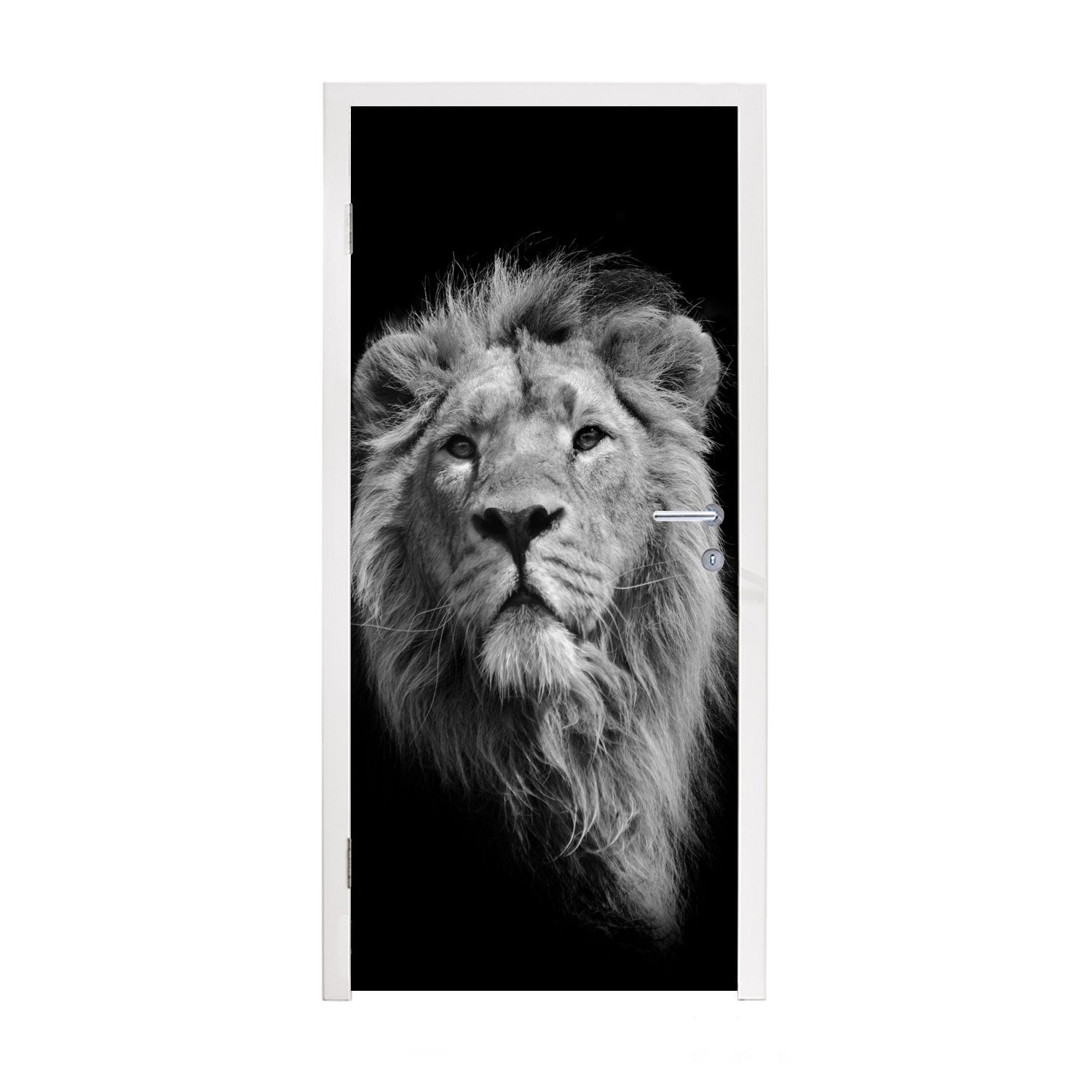 MuchoWow Türtapete Asiatischer Löwe vor schwarzem Hintergrund in Schwarz und Weiß, Matt, bedruckt, (1 St), Fototapete für Tür, Türaufkleber, 75x205 cm