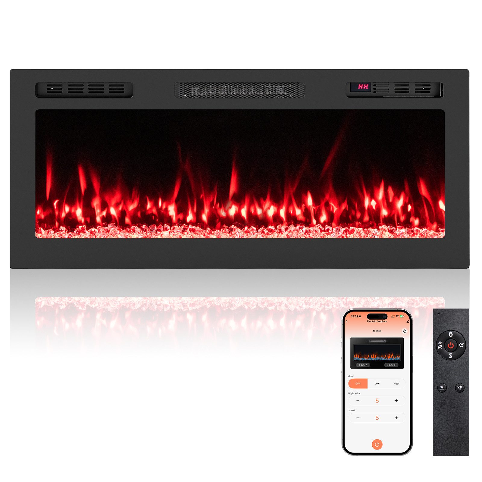 COSTWAY Elektrokamin 42" Smart WiFi Elektrischer Kamin, 750W/1500W Heizung