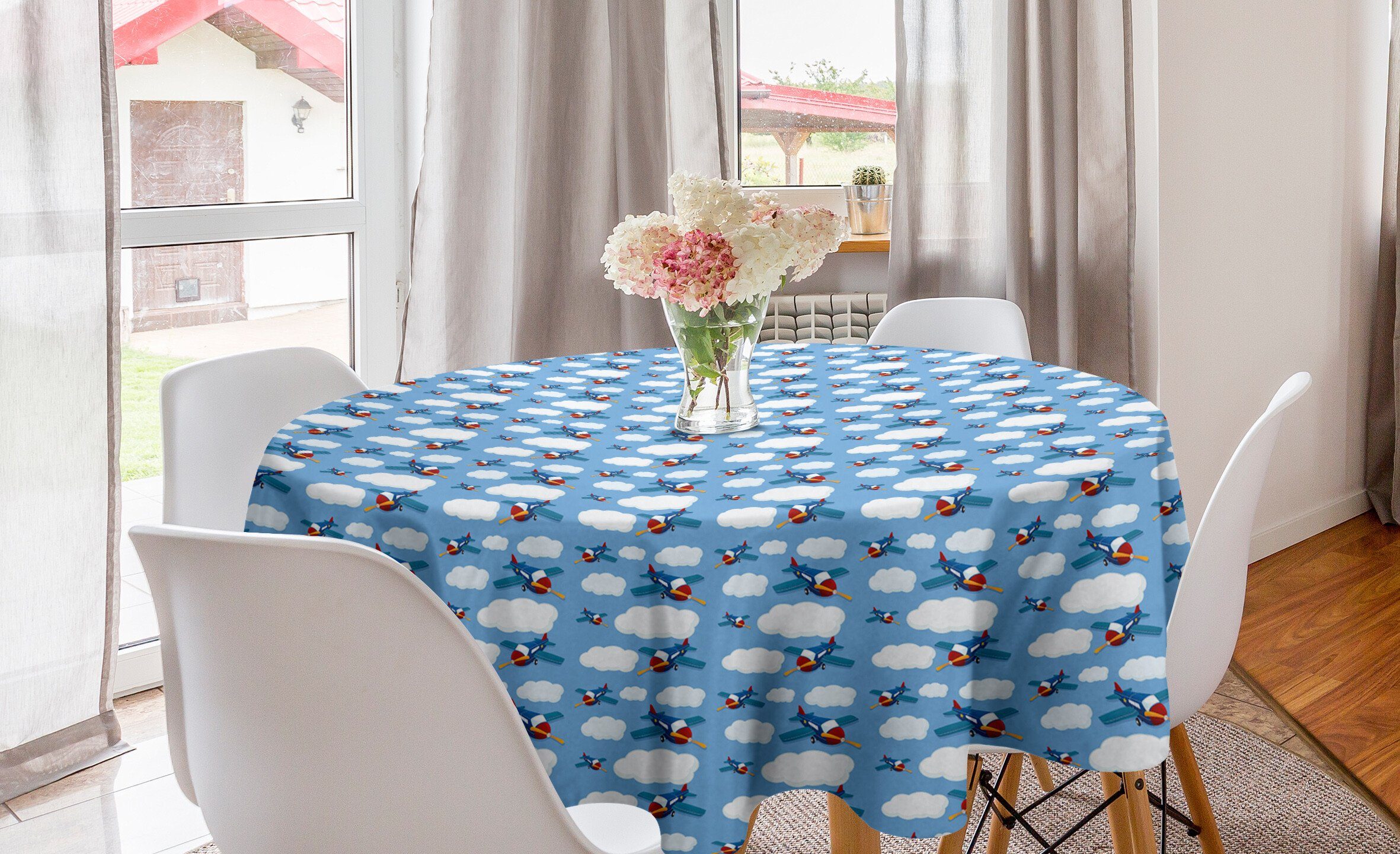 Abakuhaus Tischdecke Kreis Tischdecke Abdeckung für Esszimmer Küche Dekoration, Blauer Himmel Cartoon-Layout Flugzeuge