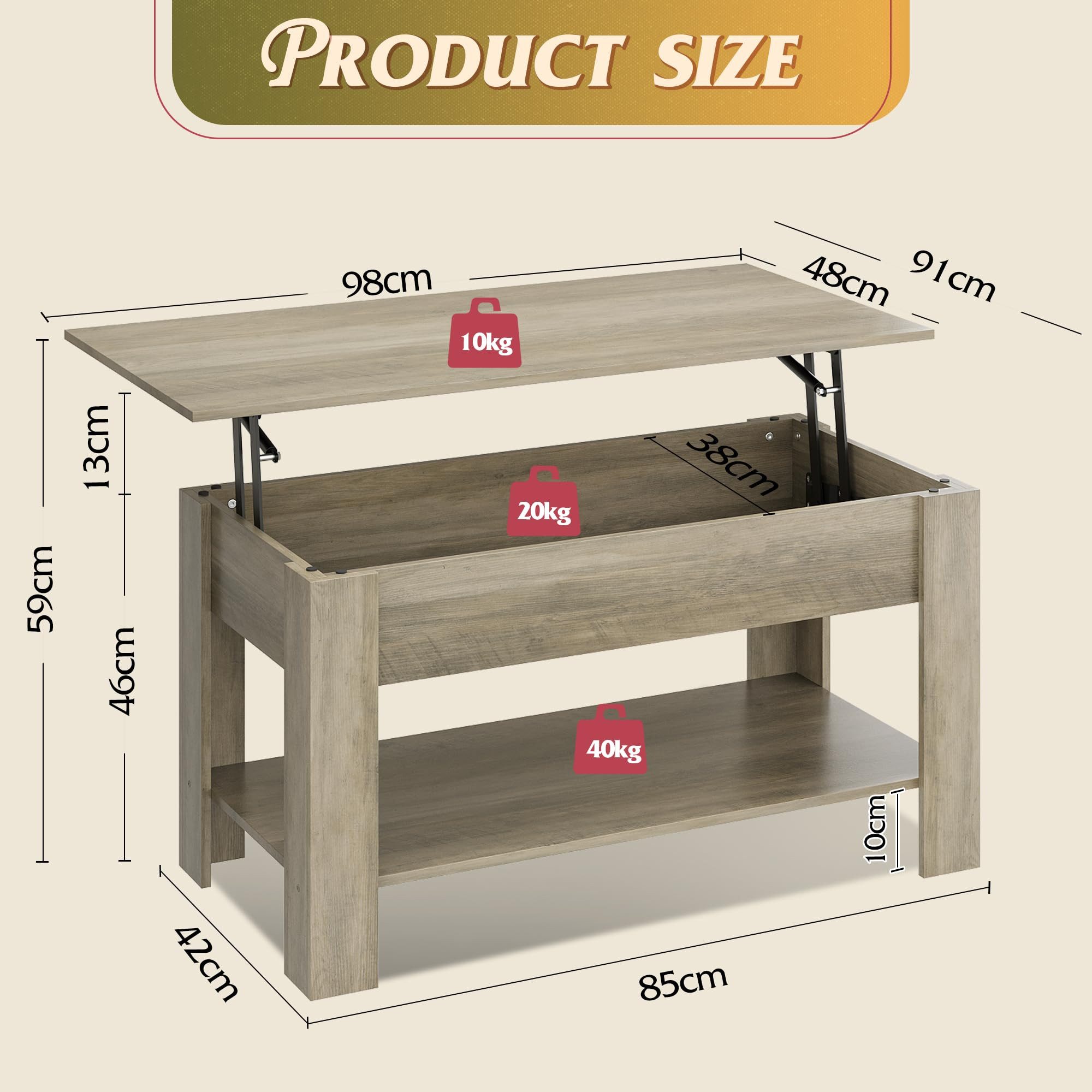 WLIVE Couchtisch Höhenverstellbar und Ausziehbar, Couchtisch Holz mit Stauraum (Wohnzimmertisch für Wohnzimmer, Büro, 1 Tisch), 98 x 48 x 46 cm