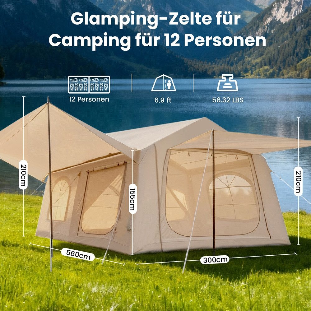 Meulbaty aufblasbares Zelt Camping Zelt Sufblasbar mit Kaminöffnung & Dachfenster Vordach, Personen: 10 (1 tlg), 10-12per XXL, mit Markise