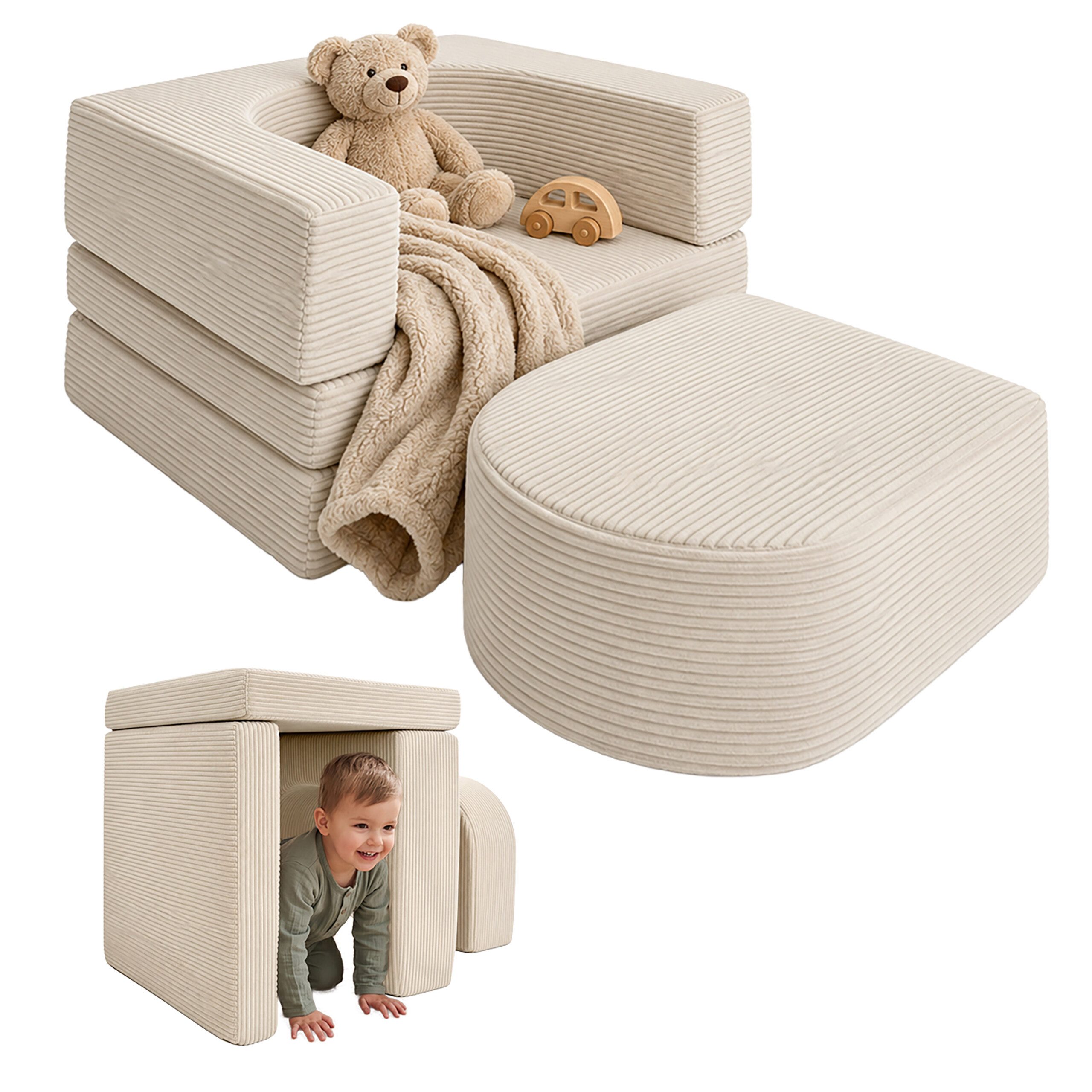 relaxdays Kindersitzgruppe 4-tlg. Kindersessel modular, Beige