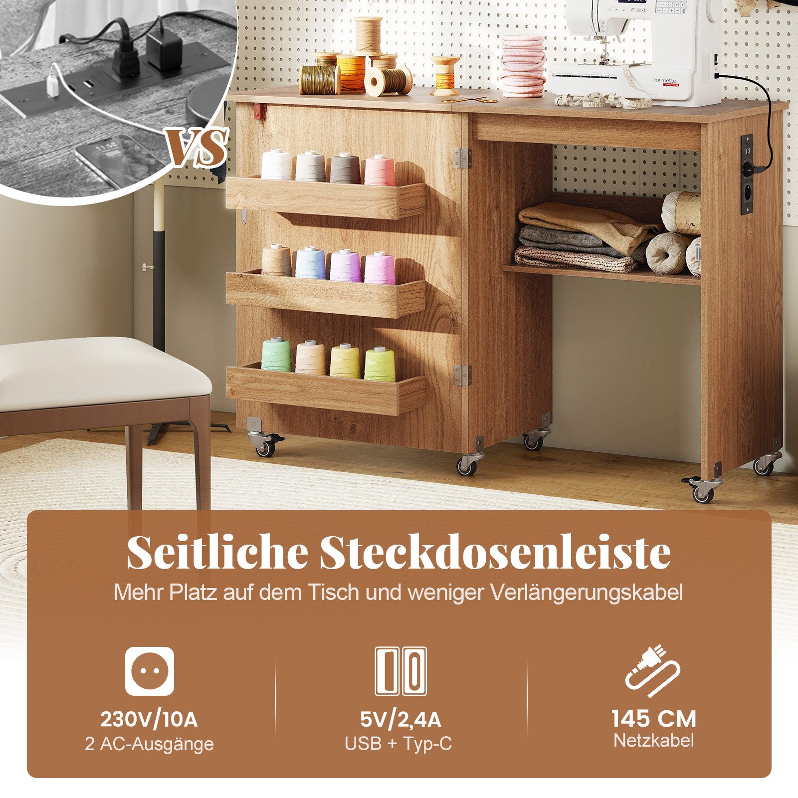 COSTWAY Schreibtisch 2 in 1 Nähtisch klappbar mit Ladestation, Rollen, Nähmaschinenschrank – Bild 3 von 5