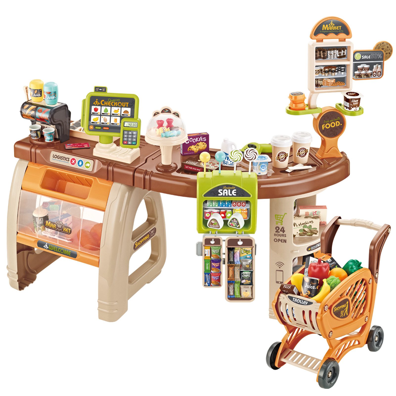 Kaufladen Supermarkt mit Einkaufswagen, Kasse, 65PCS Kaufladen Zubehör Spielzeug