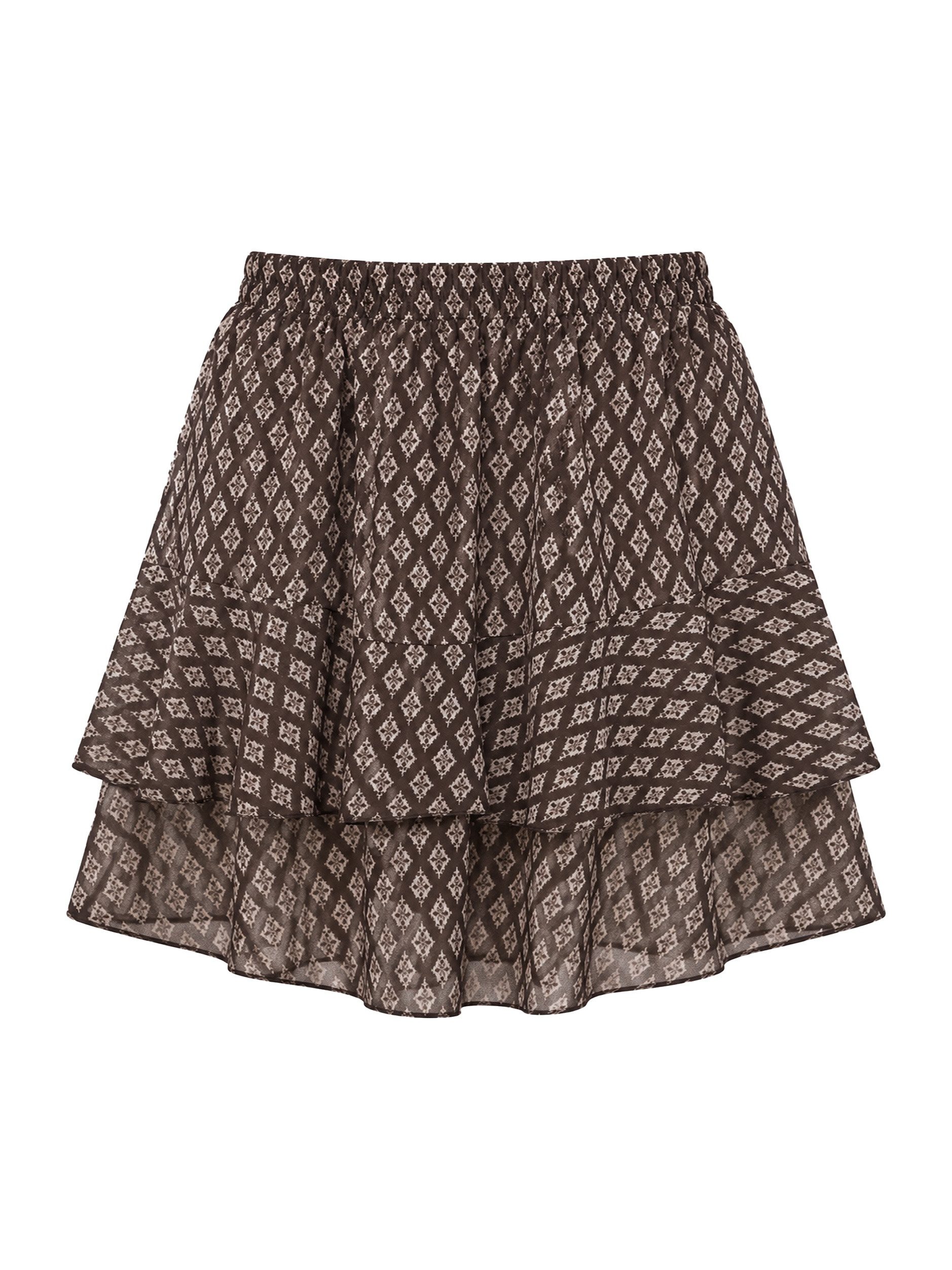 SASSYCLASSY Minirock Kurzer Volant Rock für Damen Elastischer High Waist Stufenrock mit geometrischem Muster Braun – Bild 2 von 5
