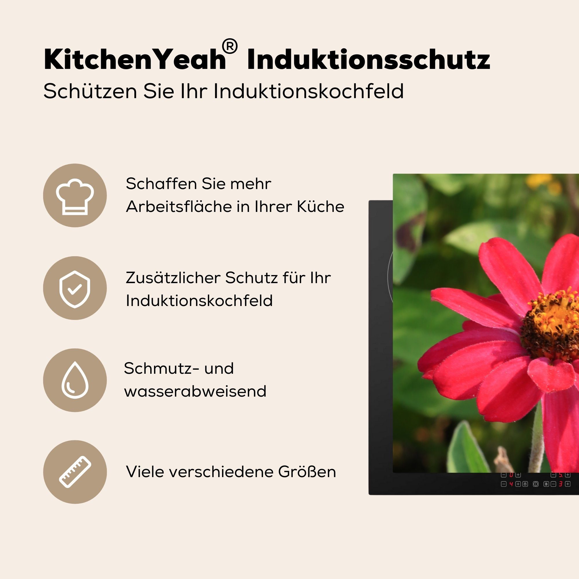 MuchoWow 78x78 cm, tlg), (1 Zinnienblüte in Rote Vinyl, für Blüte, Herdblende-/Abdeckplatte Ceranfeldabdeckung, Arbeitsplatte küche