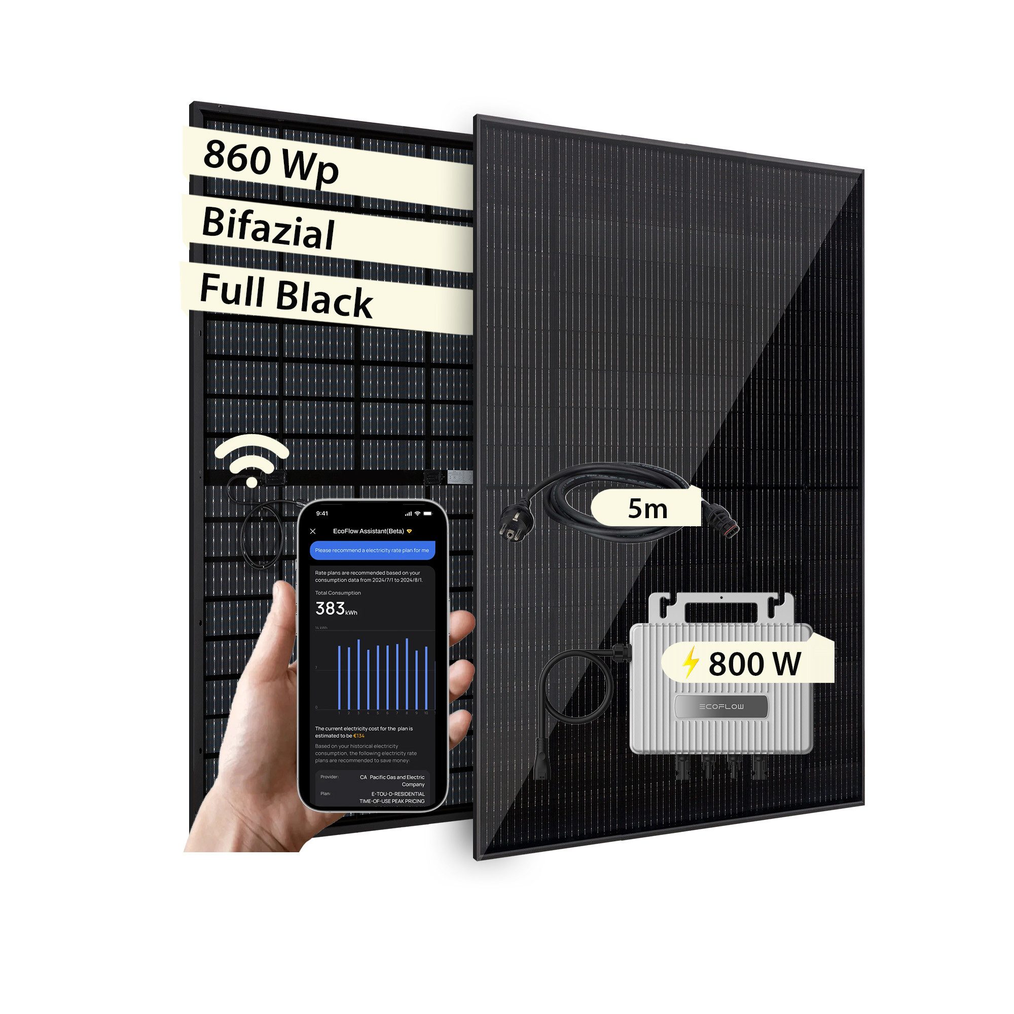 VALE Balkonkraftwerk Komplettset Bifaziale Solaranlage mit Wechselrichter 800W, (mit EcoFlow Stream, 2 x Solarmodule 860-920WP & Zubehör, mit EcoFlow Stream, 2 x Solarmodule 860-920WP & Zubehör), Plug&Play, BKW, Solarmodul, Photovoltaik Set, Wifi, App-Steuerung