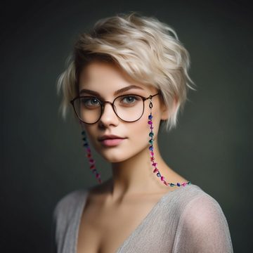 FEFI Brillenkette "MIA" mit echtem, gefärbten Perlmutt und Glasperlen, in goldfarbenem Organza-Säckchen + Faltschachtel