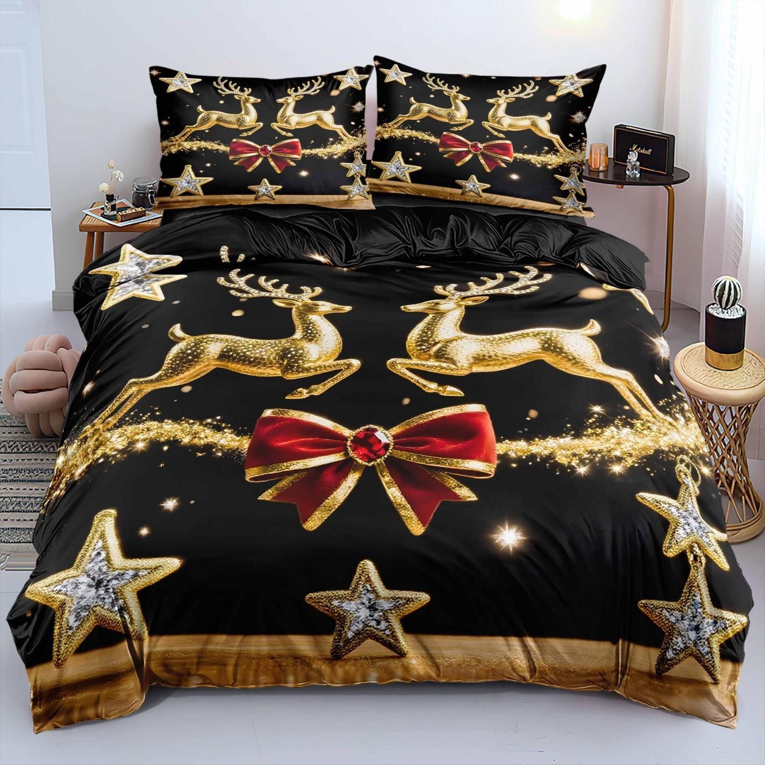 LuxusKollektion Bettwäsche Bettwäsche 135x200cm Schwarz Gold Weihnachtsbaum/Rentier
