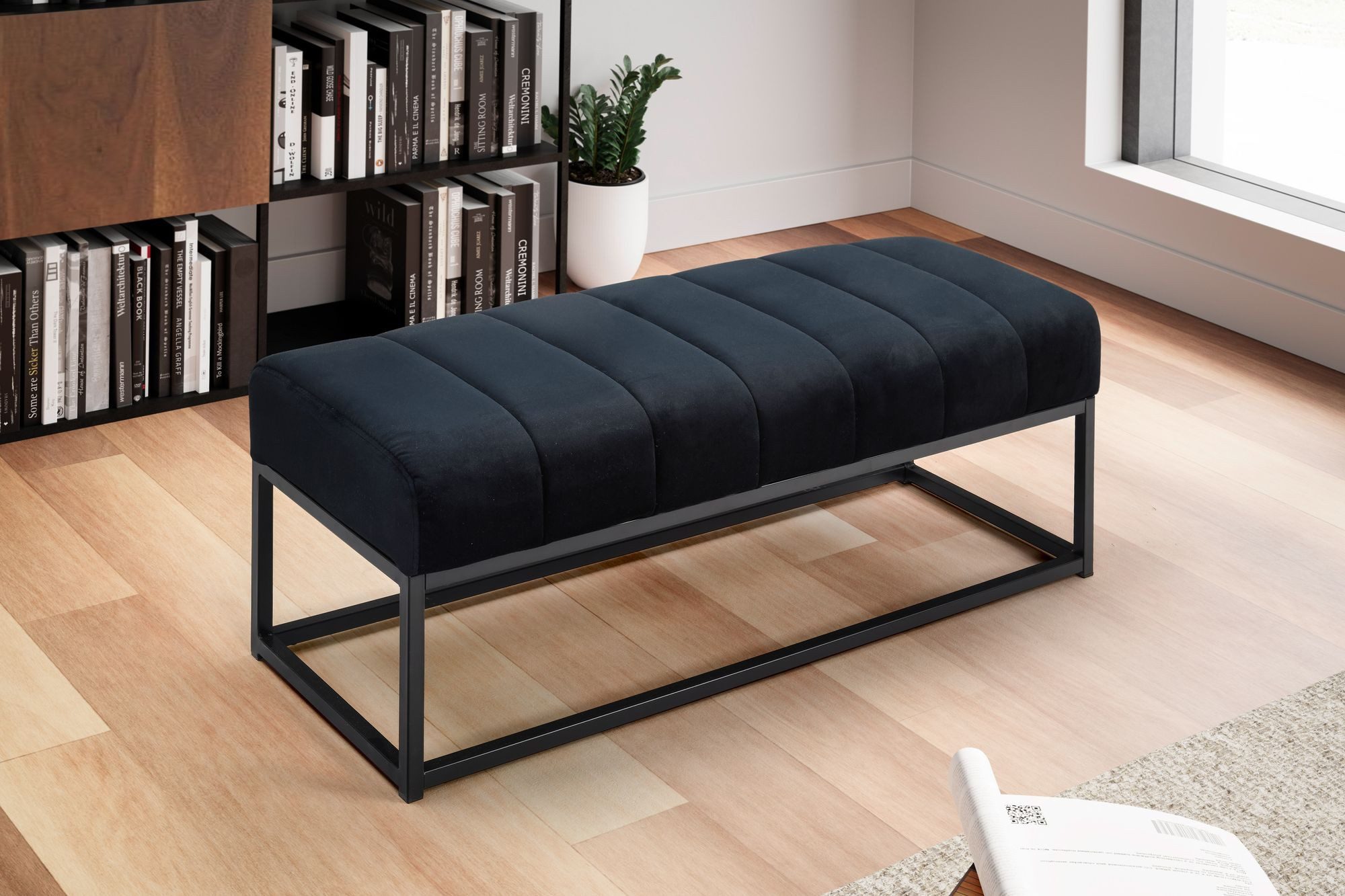 FINEBUY Bettbank FB60343 Sitzbank Polsterbank Samt 108 cm Flurbank Modern Bank (Samt Schwarz 108x40x40 cm, Flur Polsterbank), Design Stoffbank Schlafzimmer, Garderobenbank