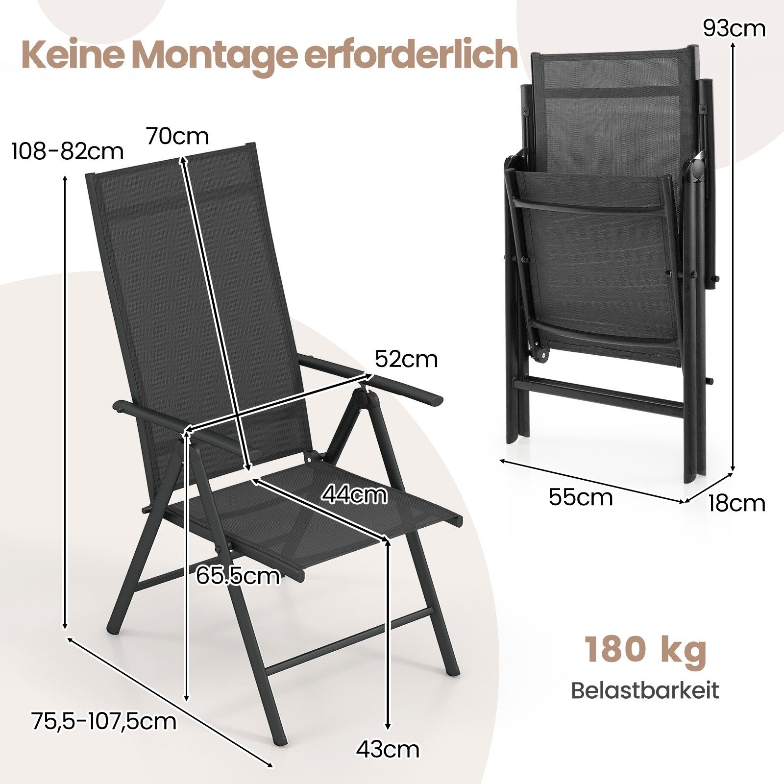 KOMFOTTEU Gartenstuhl (1 St), Klappstuhl mit Hochlehner 7-Fach verstellbar & Armlehnen