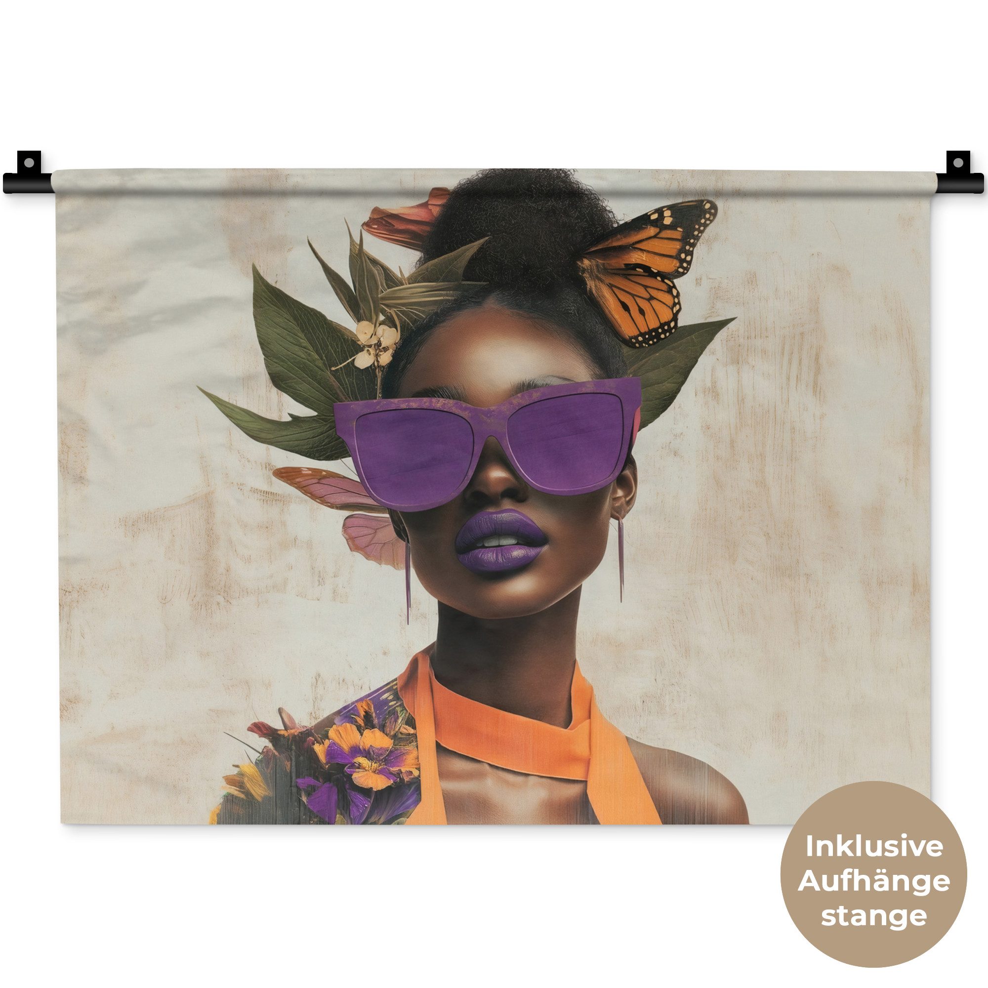 MuchoWow Wandteppich Frau - Sonnenbrille - Schmetterling - Blumen, Rechteckig, Höhe: 3 mm, Wanddeko Teppich Wohnzimmer, Schlafzimmer, 60x45 cm