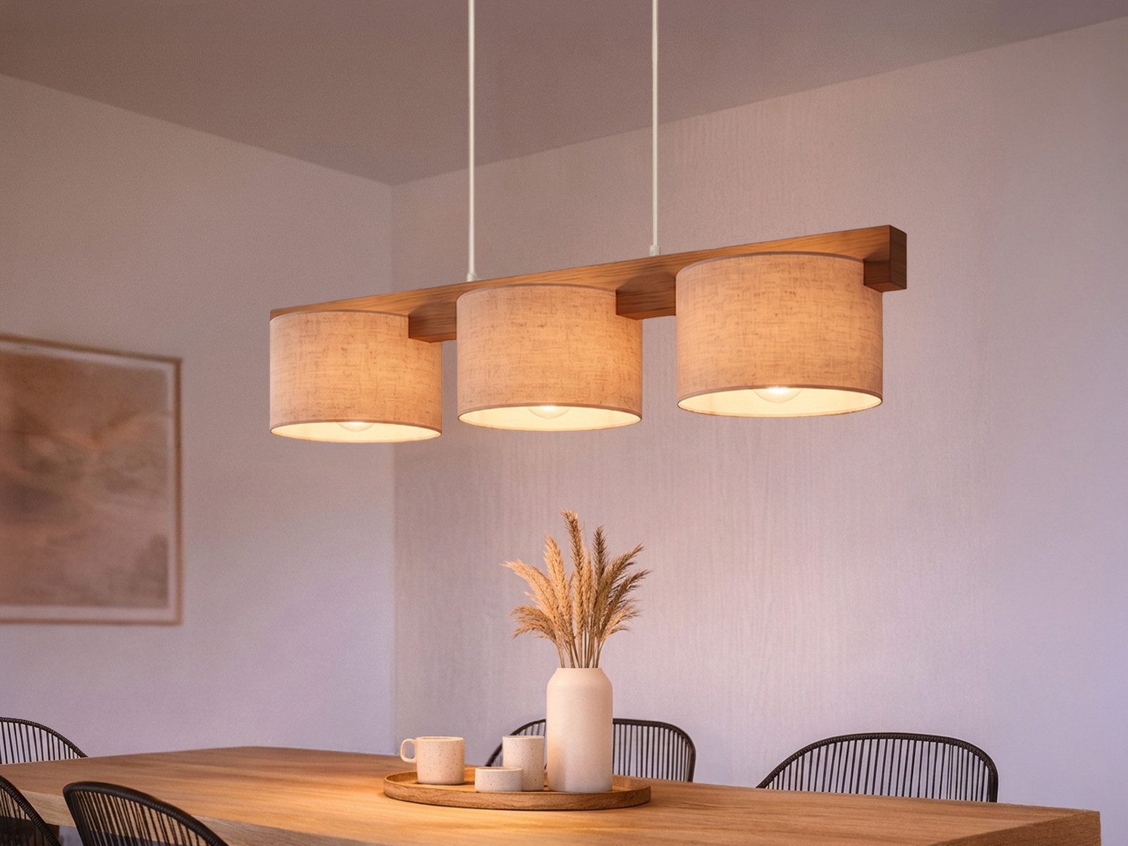meineWunschleuchte mit Holz-Balken & Stoff, Breite 100cm, ohne Leuchtmittel, Esstisch-Lampe hängend, Holzlampe skandinavisch, Esszimmerlampe groß