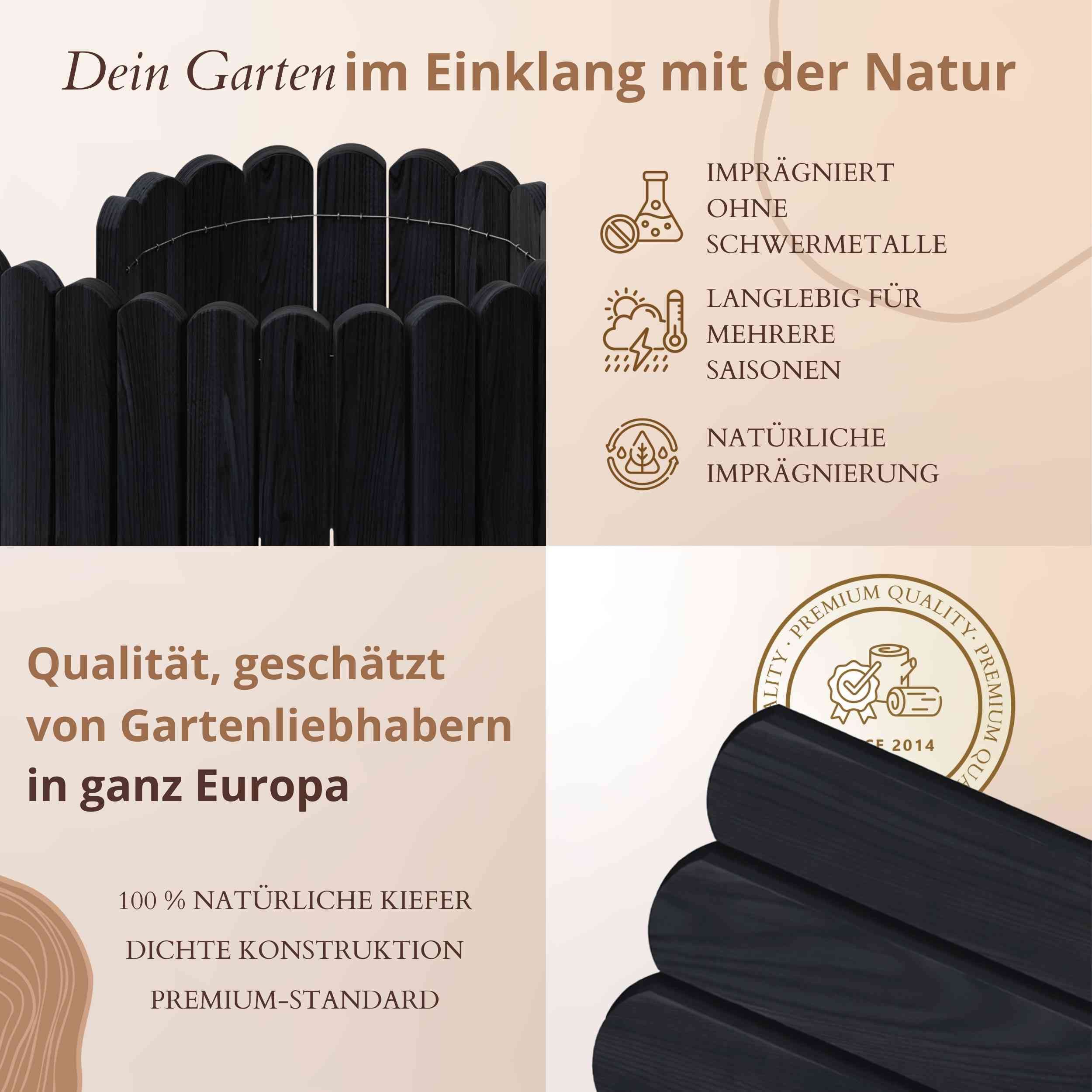 Floranica Palisade Flexible Rasenkante Rollborder Beeteinfassung Beetumrandung Holzzaun, LxH: 100x10 cm, Schwarz, Dekozaun Umzäunung von Blumenbeeten Kräutergarten Wege Rasenbegrenzung