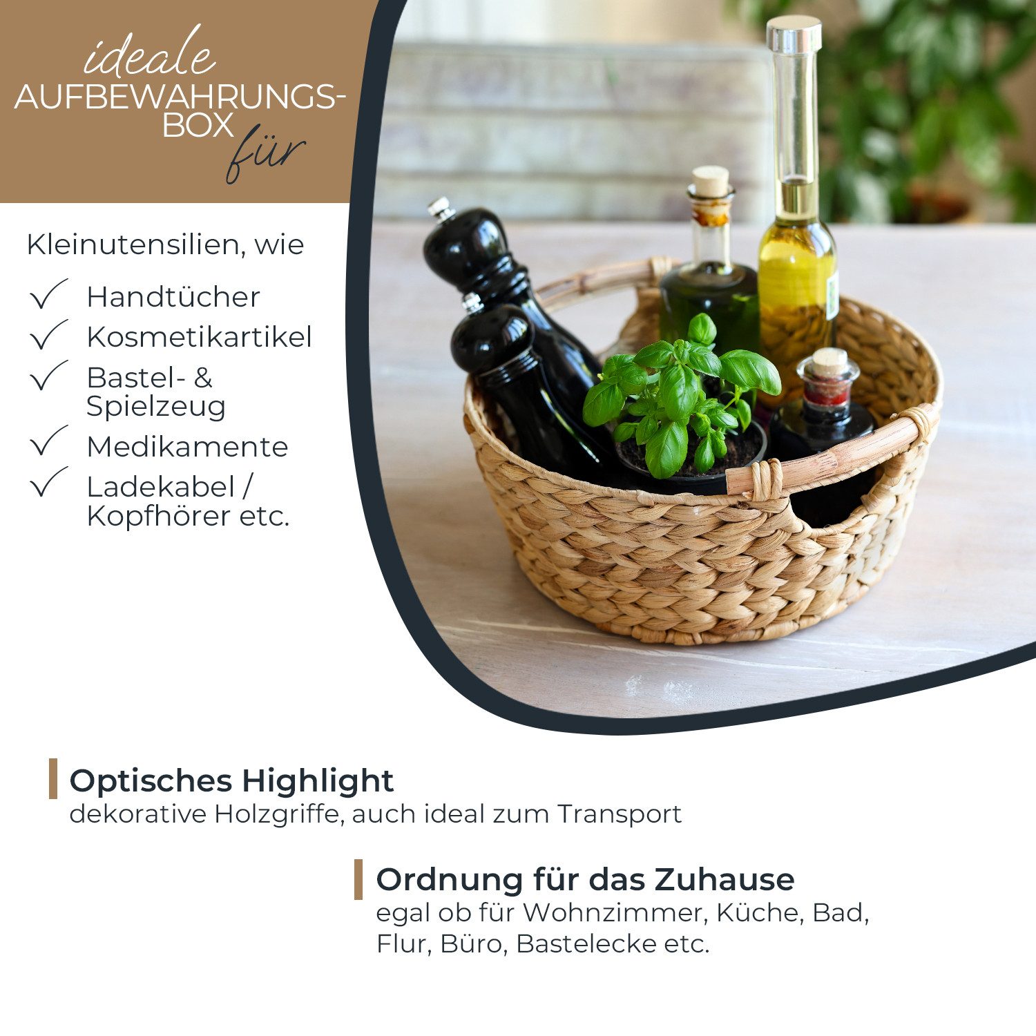 HMF Aufbewahrungskorb Präsentkorb, runder Aufbewahrungskorb mit Holzgriffen, geflochten aus, natürlicher Wasserhyazinthe, 30 x 12 cm