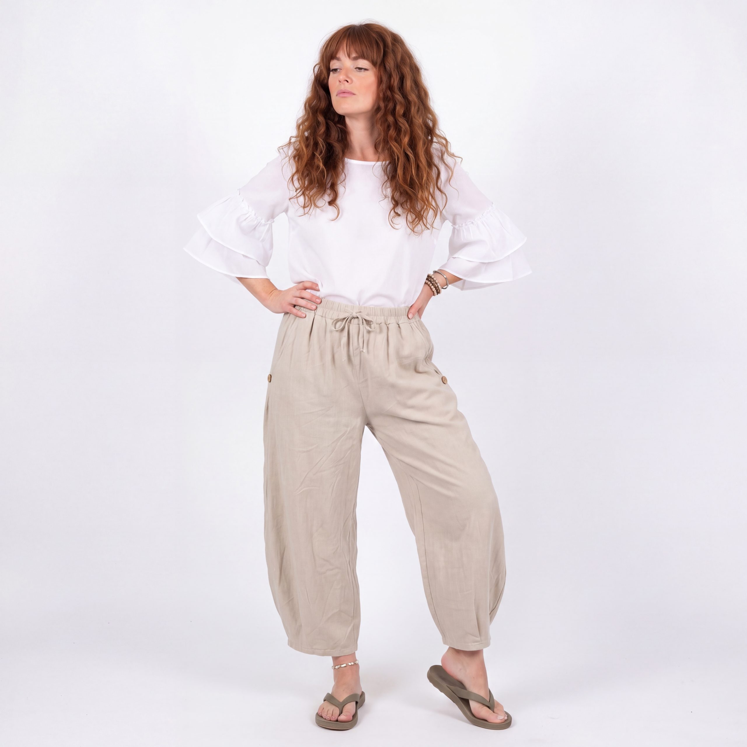 OriginalYou Schlupfhose Sommerhose Damen 7/8 Bohohose Elastikbund Schlupfhose Baumwolle seitlicher Schlitz mit Knopfapplikation, erhältlich in 42-46